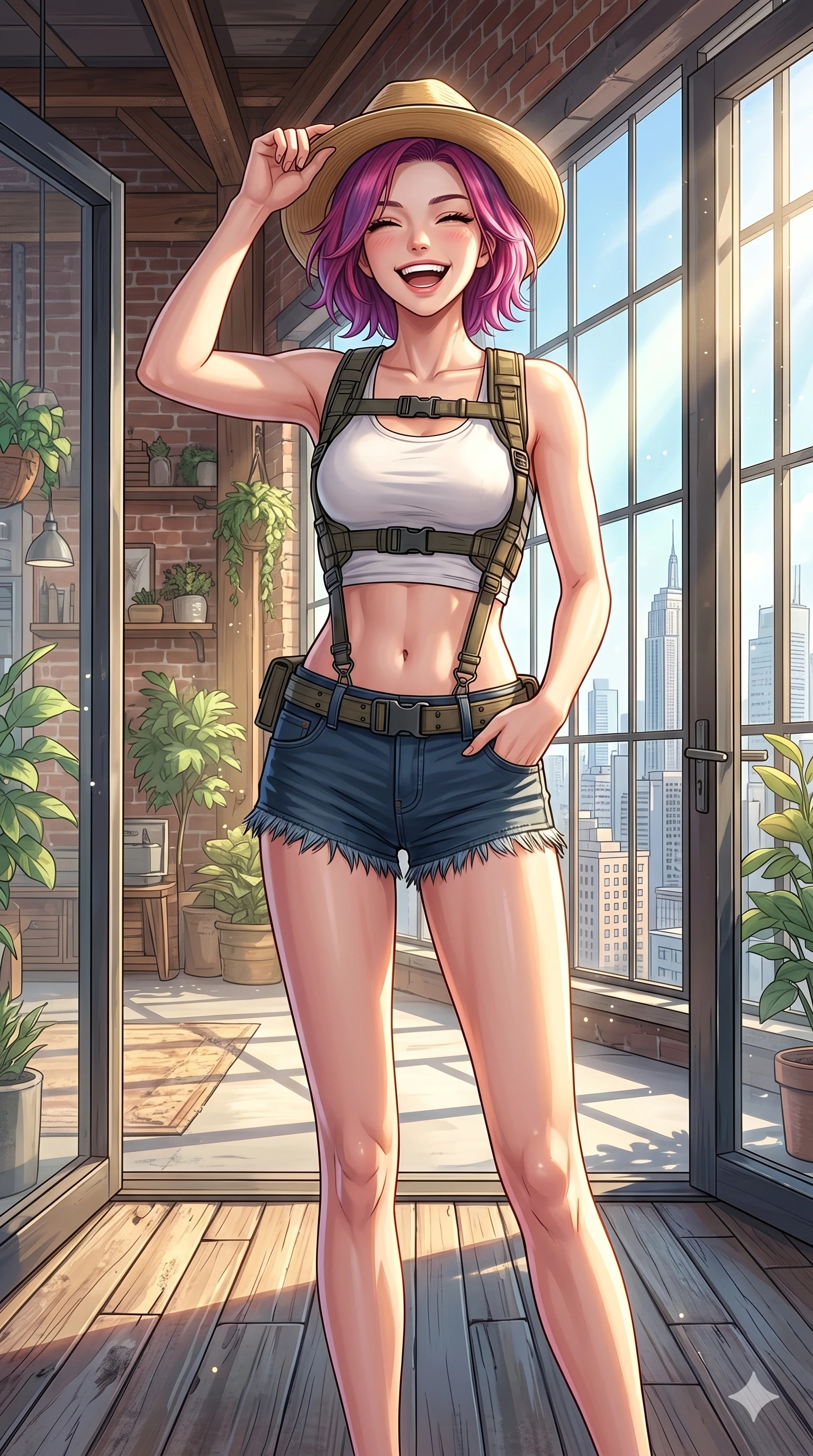 score_9, masterpiece, best quality, ultra-detailed, high-budget anime keyframe, vibrant anime aesthetic, Caucasian woman, strictly human ears. cowboy shot from the thighs up, character and outfit filling the frame for maximum presence. She is laughing cheerfully while adjusting her hat in the bright afternoon sun inside a loft apartment overlooking the skyline (Code-P20-117). She has an absolutely perfect 8-heads proportion, an exceptionally tall and slender female figure with impossibly long slender legs and an ultra-slim waist. V-shaped jawline, high-bridge nose, intricate jewel-like eyes with depth, thick eyelashes, glossy lips with a natural sheen. wearing a harness over crop top exposing bare midriff and micro-shorts. She is bright sunbeams casting soft highlights on her athletic form at the terrace. 2k, ultra detail, master piece, 9:16 ratio