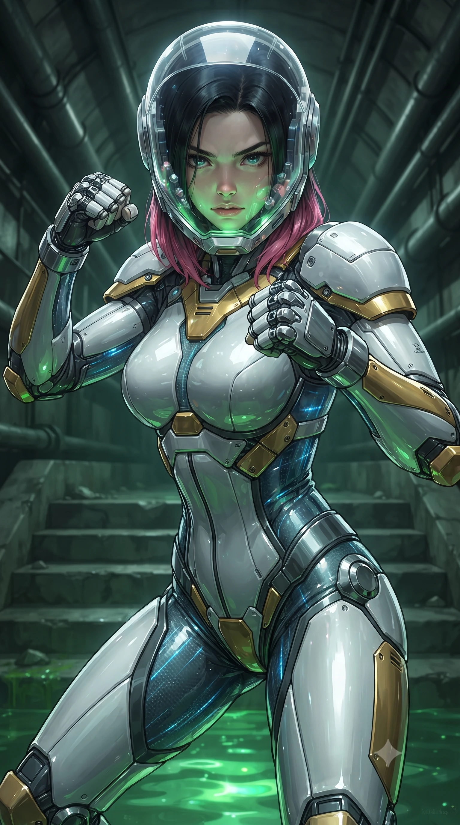 score_9, masterpiece, best quality, ultra-detailed, high-budget anime keyframe, editorial fashion photography, tasteful artistic composition, Korean woman. close-up cowboy shot from the waist and thighs up, the character dominates the composition, filling the frame with her large presence. in a razor-sharp Panzer Kunst fighting guard with raised fists, captivating jewel-like eyes locked onto the viewer with fierce, resolute determination while pivoting dynamically on submerged concrete steps as glowing green bio-chemical sludge reflects off her polished armor. The surrounding environment is rendered in vivid detail and crisp panoramic clarity. deep subterranean chiaroscuro and raw industrial conduit engineering rendered with precision. She has an exceptionally elegant, slender, and willowy female figure with an ultra-slim waist, a gracefully sculpted slender torso, toned flat midriff, and a refined slim silhouette. sharp v-shaped jawline, high-bridge nose, intricate jewel-like eyes with depth, thick eyelashes, glossy lips with a natural sheen, fierce and resolute heroine expression, flawlessly proportioned anatomical accuracy, strict slender model proportions, natural body alignment, perfectly sculpted long slender limbs, ultra-slim waistline, clean dynamic posture without body distortion. wearing a crystal-clear transparent armored riot-visor helmet showing her entire beautiful face and determined expression with pristine clarity, paired with a statuesque high-fashion cyber-warrior armor suit with platinum bevels, heavy articulated shoulder guards, and an ultra-slim waist-cinching corset in arctic white carbon composite with scratched solar gold armor plating, crafted from semi-translucent cybernetic carbon-vinyl interwoven with glowing micro-filaments, detailed with kinetic shock-dampening knuckle guards and polished chrome connection joints, the sleek second-skin cut tightly hugging her graceful clavicle, narrow waist, and feminine curves with athletic precision. surrounded by an agile, lethal, and breathtakingly athletic aquatic infiltration operative aura. ultra-reflective glossy finish, specular highlights, dark metallic sheen, high-contrast stereoscopic depth, volumetric dynamic lighting, 2k, ultra detail, master piece, 9:16 ratio