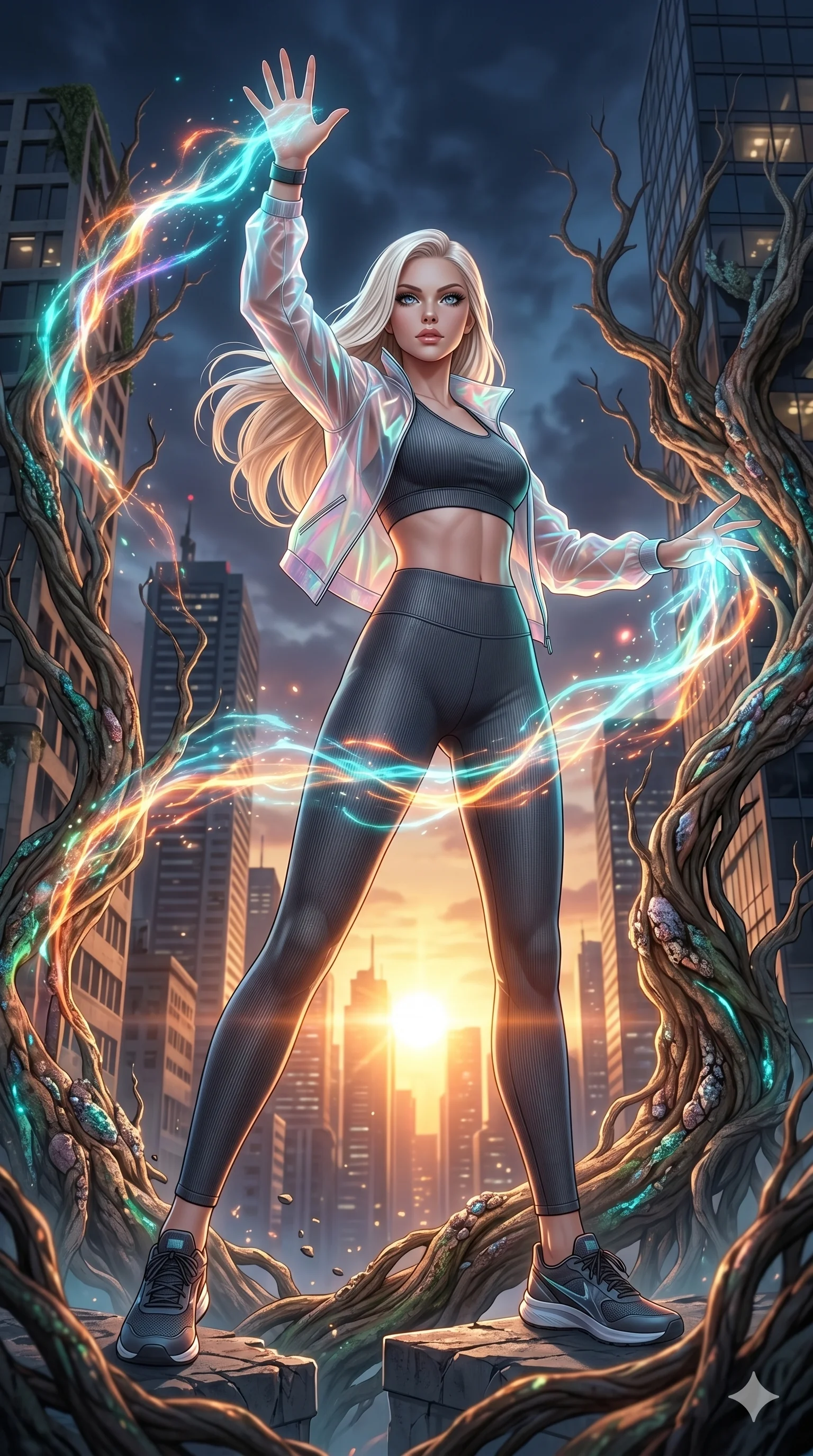 score_9, masterpiece, best quality, ultra-detailed, photorealistic 8k CG, hyper-detailed textures, ray-tracing, Caucasian (strictly human ears) woman. Low angle cowboy shot capturing a powerful motion and statuesque presence. casting a spell that makes the city buildings grow like trees. She has an absolutely perfect 8-heads proportion, an exceptionally tall and slender female figure with an ultra-slim waist and impossibly long slender legs. strictly human anatomy, two legs only, no extra limbs, clearly defined legs and arms, perfect anatomy, perfect hands and fingers. sharp v-shaped jawline, high-bridge nose, intricate jewel-like eyes, thick eyelashes, glossy lips. Wearing Premium Athleisure: Ribbed sports bra and leggings set, sheer windbreaker, and sleek high-performance activewear. The scene is illuminated by dramatic atmospheric lighting and vibrant color palettes. , 2k, ultra detail, master piece, 9:16 ratio