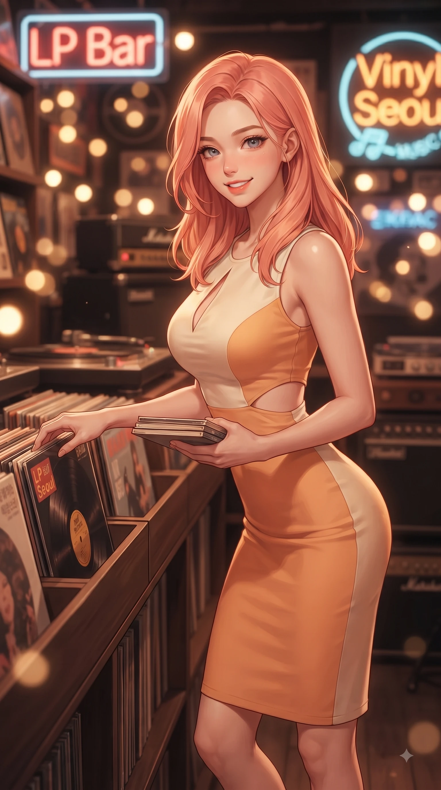 score_9, masterpiece, best quality, ultra-detailed, high-budget anime keyframe, editorial fashion photography, tasteful artistic composition, Japanese woman. close-up cowboy shot from the waist and thighs up, the character dominates the composition, filling the frame with her large presence. Youthful bright smile exuding pure cute charm and fresh energy, her torso turning dynamically into the lens while browsing vintage vinyl record albums in a cozy Hongdae LP bar with a sweet playful smile. The composition keeps background elements in soft focus with dreamy bokeh. turntables and neon music signs softened by gentle warm depth of field. She has an exceptionally elegant, slender, and willowy female figure with an ultra-slim waist, a gracefully sculpted slender torso, and a refined silhouette. sharp v-shaped jawline, high-bridge nose, intricate jewel-like eyes with depth, thick eyelashes, glossy lips with a natural sheen, flawlessly proportioned anatomical accuracy, natural body alignment, perfectly sculpted elegant limbs, clean dynamic posture without body distortion. wearing a form-contouring bodycon dress featuring subtle strategic side waist cutouts in warm apricot orange and cream white, crafted from lightweight fluid chiffon, accented with a Tasteful chest slit framing her clavicle gracefully, the form-contouring material highlighting her ultra-slim waist and long lines. surrounded by a nostalgic, warm, and intimate retro music atmosphere. ultra-reflective glossy finish, specular highlights, metallic sheen, high-contrast stereoscopic depth, volumetric dynamic lighting, 2k, ultra detail, master piece, 9:16 ratio