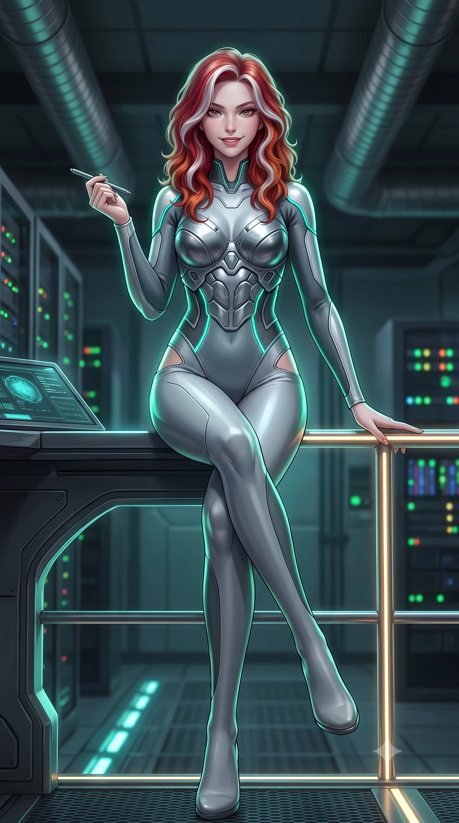 score_9, masterpiece, best quality, ultra-detailed, high-budget anime keyframe, semi-realistic 3D game render, editorial fashion photography, tasteful artistic composition, Caucasian woman. low angle full-body shot from head to toe showing her feet, filling the entire 9:16 vertical frame with her statuesque presence, stretching her vertical silhouette. standing in a tall, confident posture with one hand on a glowing metal railing, stretching her statuesque body as she arches her lower back to emphasize her sculpted feminine hips and slender waist while sitting perched on the edge of the master terminal desk with legs crossed, holding a data stylus while flashing a dangerous, confident smile. The background shows a soft-focus flickering server rack LED indicators and industrial ventilation ducts softened in tactical cyberpunk shallow focus. She has an absolutely perfect, statuesque 8.5-heads proportion, an exceptionally tall and slender model-like female figure with impossibly long slender legs, an ultra-slim waist, a flat toned midriff, narrow delicate ribcage, and beautifully sculpted feminine hips creating a graceful, slim hourglass silhouette without any bulky heaviness. sharp v-shaped jawline, high-bridge nose, intricate jewel-like sparkling eyes with depth, thick eyelashes, glossy parted lips with a natural sheen, bright confident smile with an enchanting and coquettish sensual glint, exuding both youthful magnetic charm and sovereign high-tech allure, flawlessly proportioned anatomical accuracy, strict slender model proportions, natural body alignment, perfectly sculpted long slender limbs, ultra-slim waistline, clean dynamic posture without body distortion. wearing a sculpted titanium-alloy breastplate bodice worn over an ultra-tight matte stretch bodysuit with side hip cutouts in reflective liquid mercury and matte phantom grey, woven from delicate semi-opaque high-tensile nano-mesh with intricate hexagonal micro-patterns, accented with glowing neon fiber-optic piping tracing her spine and hip lines, the precision-cut side openings and low-back scoop framing her graceful spine and the sensual sweep of her slim, toned hips. illuminated by glowing console underlights and crisp emerald rim lighting sharply carving her razor-sharp jawline, narrow waist, and curvy hips. highly saturated vibrant anime colors, detailed shading with soft gradients, rich glossy textures, high-contrast stereoscopic depth, volumetric dynamic lighting, master piece, 9:16 ratio