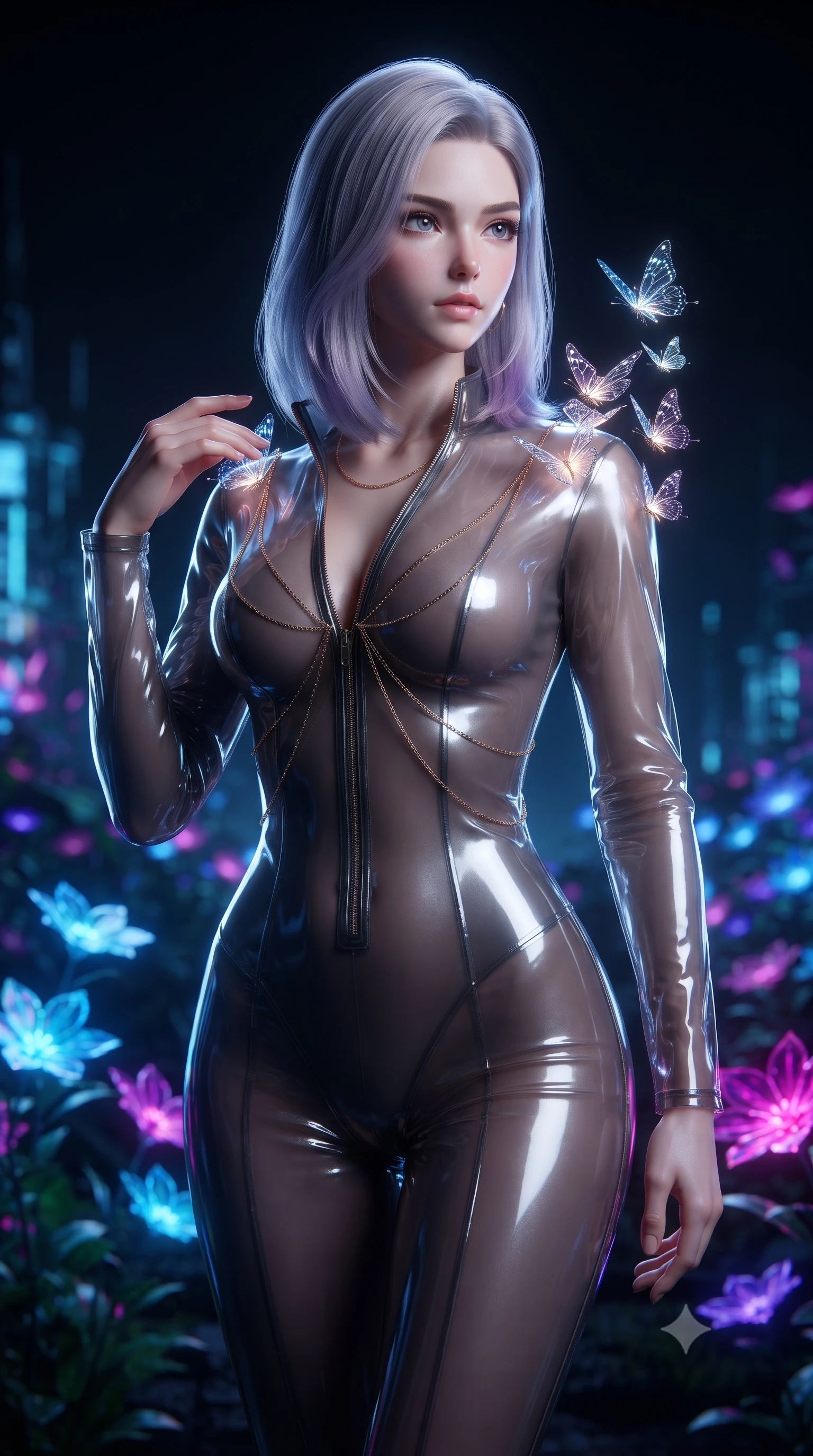 score_9, masterpiece, best quality, ultra-detailed, High-budget Anime Keyframe, editorial fashion photography, tasteful artistic composition, realistic cosplay photography, Caucasian woman, strictly human ears. Low angle cowboy shot filling the entire 9:16 frame with her statuesque presence. Scenario 399: watching digital butterflies land on her bare shoulders in a virtual garden where neon flowers bloom in the dark. Her presence is magnetic and overpowering in this high-budget cinematic scene. Outfit 399: a tailored translucent PVC sheer with a unzipped detail and fine gold chains. The clothing is designed to emphasize her exceptionally tall and slender 8-heads proportion. 8-heads proportion, towering silhouette, ultra-slim waist. sharp v-shaped jawline, intricate jewel-like eyes with depth, thick eyelashes, glossy lips. ultra-reflective glossy finish, specular highlights, metallic sheen, high-contrast stereoscopic depth, volumetric dynamic lighting, 2k, ultra detail, master piece, 9:16 ratio