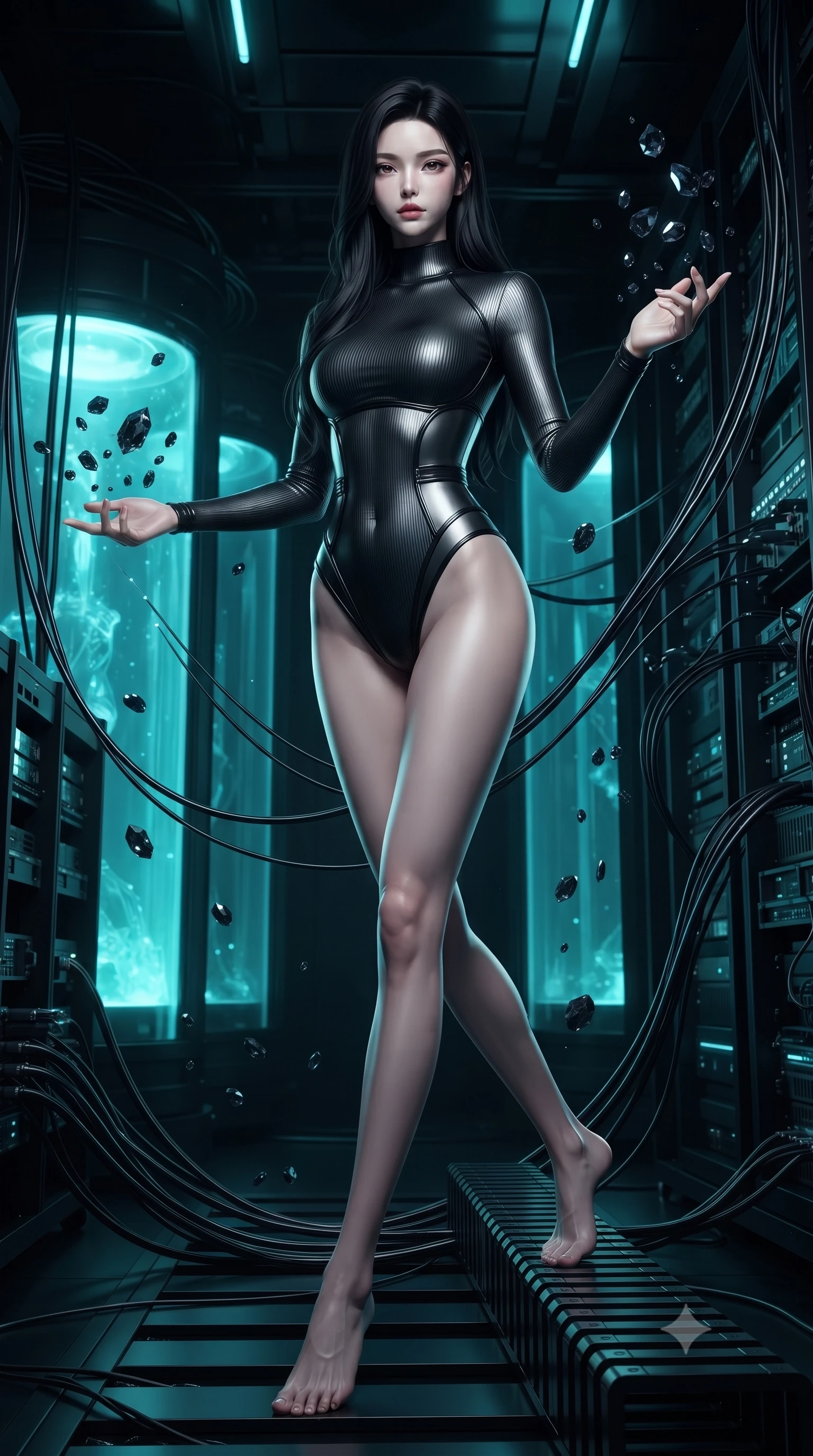 score_9, masterpiece, best quality, ultra-detailed, high-budget anime keyframe, editorial fashion photography, tasteful artistic composition, Korean woman. low angle full-body shot from head to toe showing her feet, filling the entire 9:16 vertical frame with her statuesque presence, stretching her vertical silhouette. interacting with floating dark crystal particles, her long slender legs poised in motion, threading dark fiber-optic cables inside a dark quantum computer chamber, glowing cyan stasis fluid casting ethereal inner glow through dark glass. She has an absolutely perfect, statuesque 8.5-heads proportion, an exceptionally tall and slender model-like female figure with impossibly long slender legs and an ultra-slim waist. sharp v-shaped jawline, high-bridge nose, intricate jewel-like eyes with depth, thick eyelashes, glossy lips with a natural sheen. wearing sleek high-neck ribbed activewear bodysuit in matte black in metallic dark silver, made of liquid dark mercury jersey, adorned with minimalist black onyx hardware framing the silhouette, highlighting her statuesque proportions and ultra-slim waistline. illuminated by sharp cyan stasis light and dark violet laser rim lighting. ultra-reflective glossy finish, specular highlights, metallic sheen, high-contrast stereoscopic depth, volumetric dynamic lighting, 2k, ultra detail, master piece, 9:16 ratio