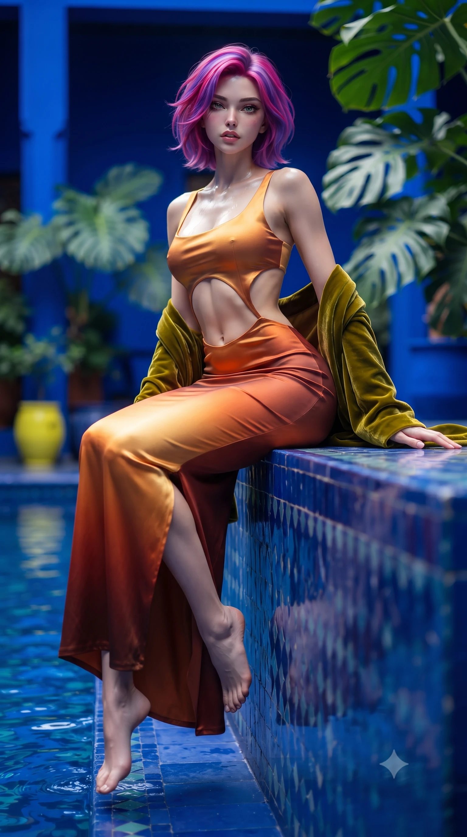 score_9, masterpiece, best quality, ultra-detailed, high-budget anime keyframe, editorial fashion photography, tasteful artistic composition, Caucasian woman. low angle full-body shot from head to toe showing her feet, filling the entire 9:16 vertical frame with her statuesque presence, stretching her vertical silhouette. sitting perched on the elevated edge with hips angled toward the camera and legs crossed, displaying her toned midriff and flawlessly sculpted slender limbs while reclining on her side across a zellij tile daybed in a vibrant Majorelle blue riad courtyard, arching her lower back as water ripples mirror her hip curves. The composition keeps background elements in soft focus with creamy bokeh. vibrant cobalt-blue courtyard walls and giant monstera fronds blurred into electric lapis, emerald, and saffron-gold bokeh. She has an exceptionally tall and slender model-like 8.5-heads proportion, an ultra-slim waist, a flat toned midriff, narrow delicate ribcage, and beautifully sculpted feminine hips creating a graceful, slim hourglass silhouette without any bulky heaviness, with impossibly long slender legs. sharp v-shaped jawline, high-bridge nose, intricate jewel-like eyes with depth, thick eyelashes, glossy parted lips with a natural sheen, intensely captivating and seductive bedroom-eyes expression, flawlessly proportioned anatomical accuracy, strict slender model proportions, natural body alignment, perfectly sculpted long slender limbs, ultra-slim waistline, clean dynamic posture without body distortion. wearing a sculptured liquid-satin mermaid gown with an architectural open-waist cutout and bare spine in molten desert gold and burnt terracotta, made of fluid silk crepe with delicate inner corsetry boning, complemented by a plush velvet shawl draped loosely over her elbows, the second-skin form-contouring cut accentuating her sculpted flat midriff, narrow delicate ribcage, and gracefully curvy hips with supermodel precision. illuminated by wet specular pool highlights accentuating her slender neckline, narrow waist, and curvy hips. ultra-reflective glossy finish, specular highlights, rich textural contrasts, high-contrast stereoscopic depth, volumetric dynamic lighting, 2k, ultra detail, master piece, 9:16 ratio