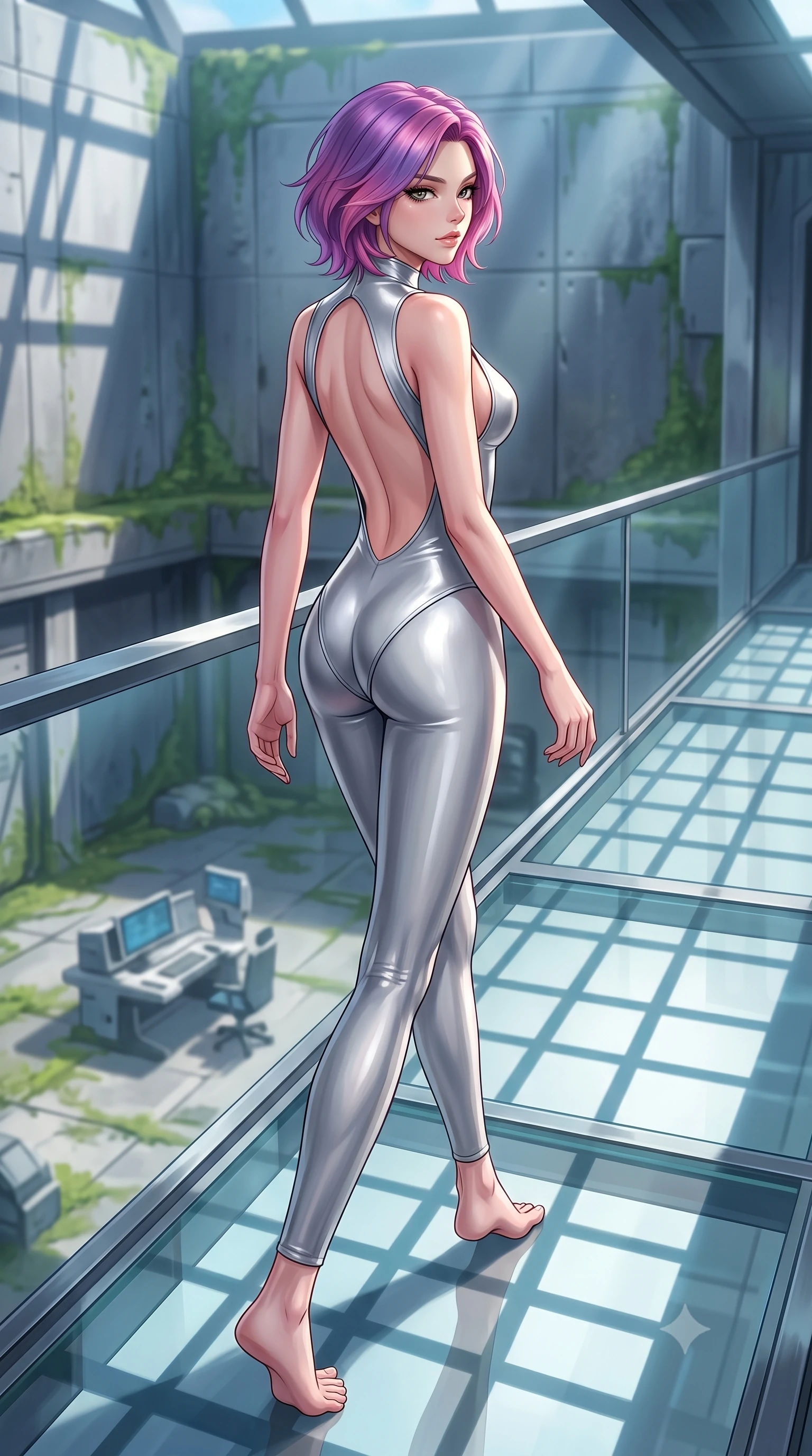 score_9, masterpiece, best quality, ultra-detailed, high-budget anime keyframe, editorial fashion photography, tasteful artistic composition, Caucasian woman. low angle full-body shot from head to toe showing her feet, filling the entire 9:16 vertical frame with her statuesque presence, stretching her vertical silhouette. walking slowly along a glass skybridge, looking back over her shoulder with an air of effortless grace, the background shows a soft-focus a starship pilot academy courtyard surrounded by cold iron walls and moss. She has an absolutely perfect, statuesque 8.5-heads proportion, an exceptionally tall and slender model-like female figure with impossibly long slender legs and an ultra-slim waist. sharp v-shaped jawline, high-bridge nose, intricate jewel-like eyes with depth, thick eyelashes, glossy lips with a natural sheen. wearing a slim-fit backless combat bodysuit in metallic silver, featuring a plunging keyhole cutout and low-cut back. crisp morning sunlight casting sharp, clean grid shadows across the courtyard. highly saturated vibrant anime colors, detailed shading with soft gradients, rich glossy textures, high-contrast stereoscopic depth, volumetric dynamic lighting, master piece, 9:16 ratio