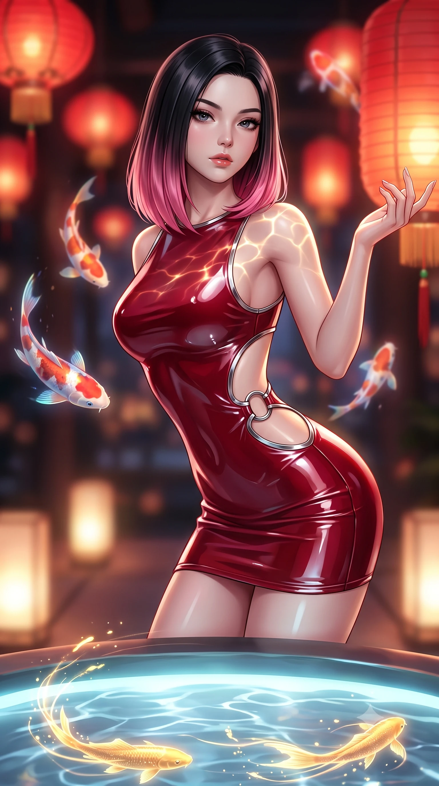 score_9, masterpiece, best quality, ultra-detailed, high-budget anime keyframe, semi-realistic 3D game render, editorial fashion photography, tasteful artistic composition, Korean woman. close-up cowboy shot from the waist and thighs up, the character dominates the composition, filling the frame with her large presence. extending one arm gracefully toward the light while her torso arches in a sleek, alluring curve with magnetic intensity while leaning over a glowing water basin as golden digital fish ripple light across her clavicle and chest. The composition keeps background elements in soft focus with creamy bokeh. glowing red paper lanterns and swimming holographic koi blurred into warm oriental bokeh. She has an exceptionally elegant, slender, and willowy female figure with an ultra-slim waist, a gracefully sculpted slender torso, and a refined silhouette. sharp v-shaped jawline, high-bridge nose, intricate jewel-like eyes with depth, thick eyelashes, glossy lips with a natural sheen, flawlessly proportioned anatomical accuracy, natural body alignment, perfectly sculpted elegant limbs, clean dynamic posture without body distortion. wearing a second-skin fashion-latex mini dress with a clean architectural front, featuring an open-back design that wraps around the sides of her waist, showcasing her slender silhouette in deep ruby red and polished chrome accents, crafted from ultra-reflective second-skin latex with a glass-like polish, detailed with polished silver rings connecting the daring side-waist cutouts, the sleek aerodynamic cut emphasizing her magnetic presence and alluring physical grace. illuminated by soft glowing floor uplights and sharp specular highlights on wet lacquer. highly saturated vibrant anime colors, detailed shading with soft gradients, rich glossy textures, high-contrast stereoscopic depth, volumetric dynamic lighting, master piece, 9:16 ratio