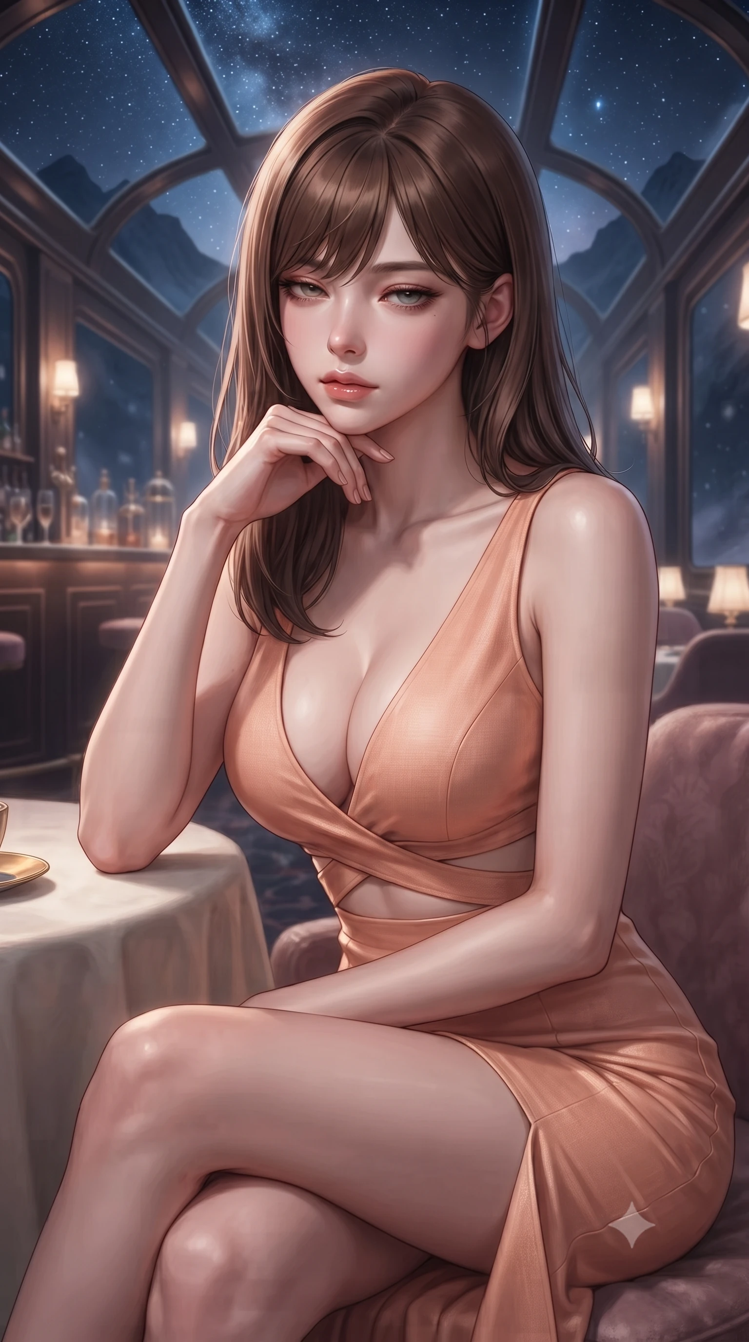 score_9, masterpiece, best quality, ultra-detailed, high-budget anime keyframe, editorial fashion photography, tasteful artistic composition, Korean woman. close-up cowboy shot from the waist and thighs up, the character dominates the composition, filling the frame with her large presence, background elements kept in soft focus. resting her chin on the backs of her fingers, casting a heavy-lidded, sultry look past the camera the background shows a soft-focus a scenic train bar lounge with glass ceilings showing stars and mountain outlines. She has an exceptionally elegant, slender, and willowy female figure with an ultra-slim waist, a gracefully sculpted slender torso, and a refined silhouette. sharp v-shaped jawline, high-bridge nose, intricate jewel-like eyes with depth, thick eyelashes, glossy lips with a natural sheen. wearing a form-contouring summer sundress with double waist cutouts and a plunging neckline in peach linen. soft silver moonlight wrapping her silhouette in a cool cosmic glow. ultra-reflective glossy finish, specular highlights, metallic sheen, high-contrast stereoscopic depth, volumetric dynamic lighting, 2k, ultra detail, master piece, 9:16 ratio