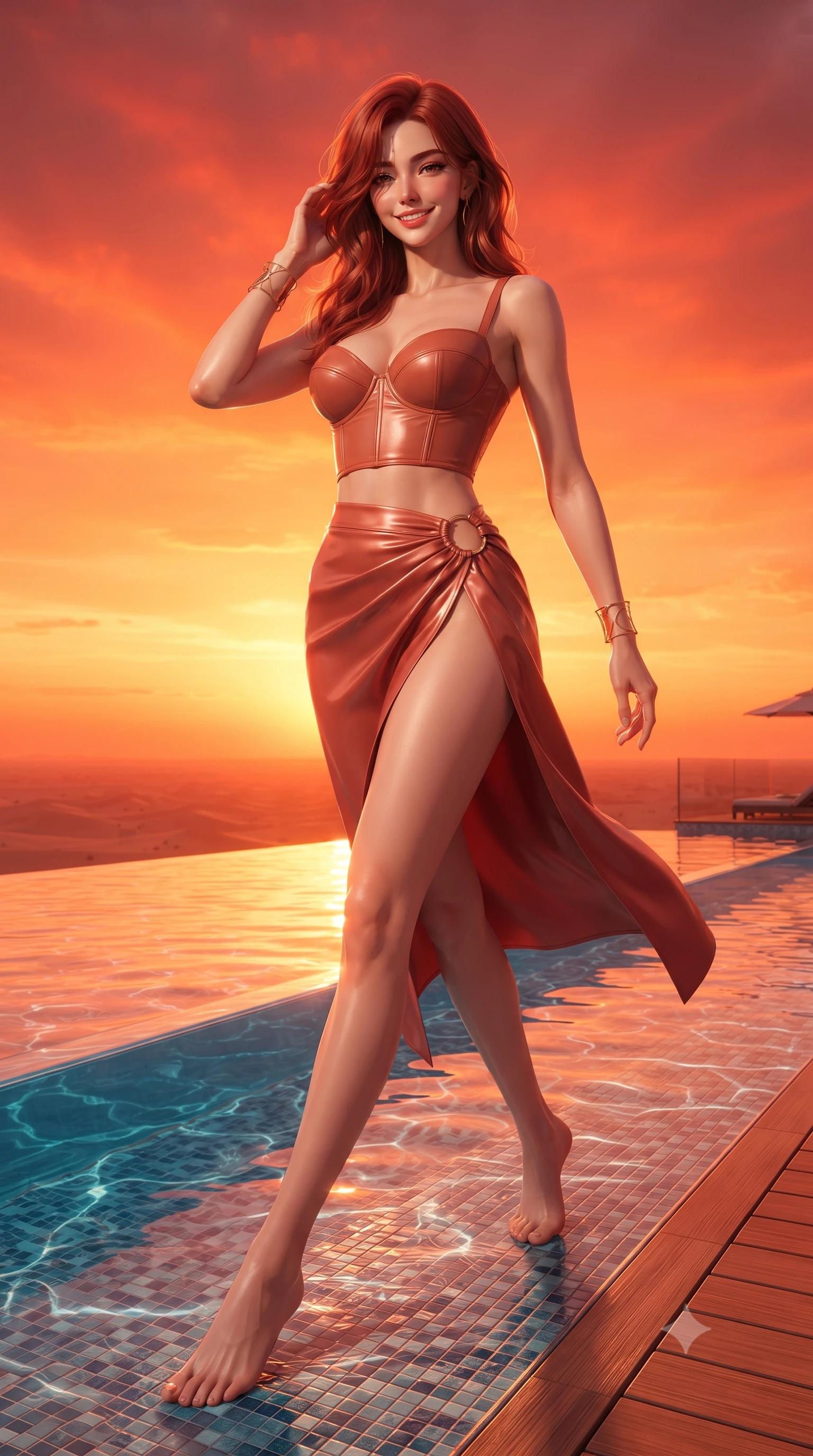 score_9, masterpiece, best quality, ultra-detailed, high-budget anime keyframe, editorial fashion photography, tasteful artistic composition, Korean woman. low angle full-body shot from head to toe showing her feet, filling the entire 9:16 vertical frame with her statuesque presence, stretching her vertical silhouette. stepping forward in a confident stride, her long slender legs and curvaceous hips creating a dynamic, sweeping vertical line while standing poised on the submerged acrylic tanning ledge 300 meters above the Arabian Gulf, arching her spine with breathtaking siren elegance. The surrounding environment is rendered in vivid detail and crisp panoramic clarity: sharp structural infinity acrylic pool edges, water caustics patterns on mosaic tiles, and teak deck joints in deep focus. She has an exceptionally tall and slender model-like 8.5-heads proportion, an ultra-slim waist, a flat toned midriff, narrow delicate ribcage, and beautifully sculpted feminine hips creating a graceful, slim hourglass silhouette without any bulky heaviness, with impossibly long slender legs. sharp v-shaped jawline, high-bridge nose, intricate jewel-like sparkling eyes with depth, thick eyelashes, glossy parted lips with a natural peach sheen, bright cheerful beaming smile with an enchanting and coquettish sensual glint, exuding both youthful cute charm and seductive allure, flawlessly proportioned anatomical accuracy, strict slender model proportions, natural body alignment, perfectly sculpted long slender limbs, ultra-slim waistline, clean dynamic posture without body distortion. wearing a sculpted leatherette underwire bustier paired with a high-slit silk satin wrap skirt with gold ring hardware in Milanese terracotta rose and warm espresso, crafted from high-tensile reflective patent leather with sleek specular highlights, accented with delicate golden wrist cuffs reflecting warm chandelier light, the form-contouring silhouette accentuating her sculpted flat midriff, narrow delicate ribcage, and gracefully curvy hips with intoxicating allure. bathed in the blinding, saturated scarlet and orange sunset radiance of the Arabian desert sky. ultra-reflective glossy finish, specular highlights, rich textural contrasts, high-contrast stereoscopic depth, volumetric dynamic lighting, 2k, ultra detail, master piece, 9:16 ratio