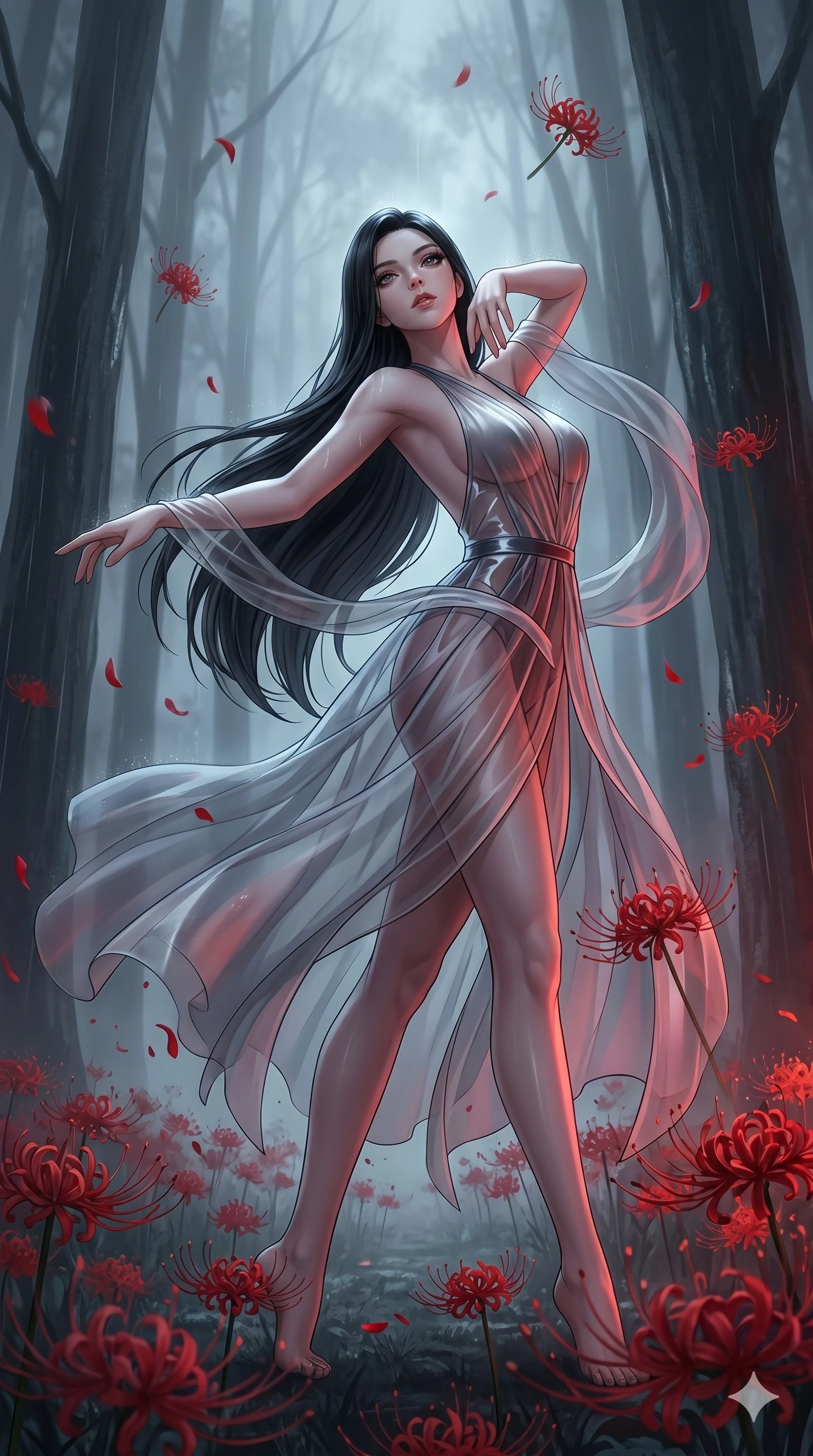 score_9, masterpiece, best quality, ultra-detailed, High-budget Anime Keyframe, East Asian woman. Low angle cowboy shot filling the entire 9:16 frame with her statuesque presence. Scenario 75: Dancing amidst falling red spider lilies in a misty dark forest. Her presence is magnetic and overpowering in this high-budget anime scene. Outfit 75: A translucent PVC bare with a backless design and translucent layers. The clothing is designed to emphasize her exceptionally tall and slender 8-heads proportion. 8-heads proportion, towering silhouette, ultra-slim waist. sharp v-shaped jawline, intricate jewel-like eyes with depth, thick eyelashes, glossy lips. 2k, ultra detail, master piece, 9:16 ratio