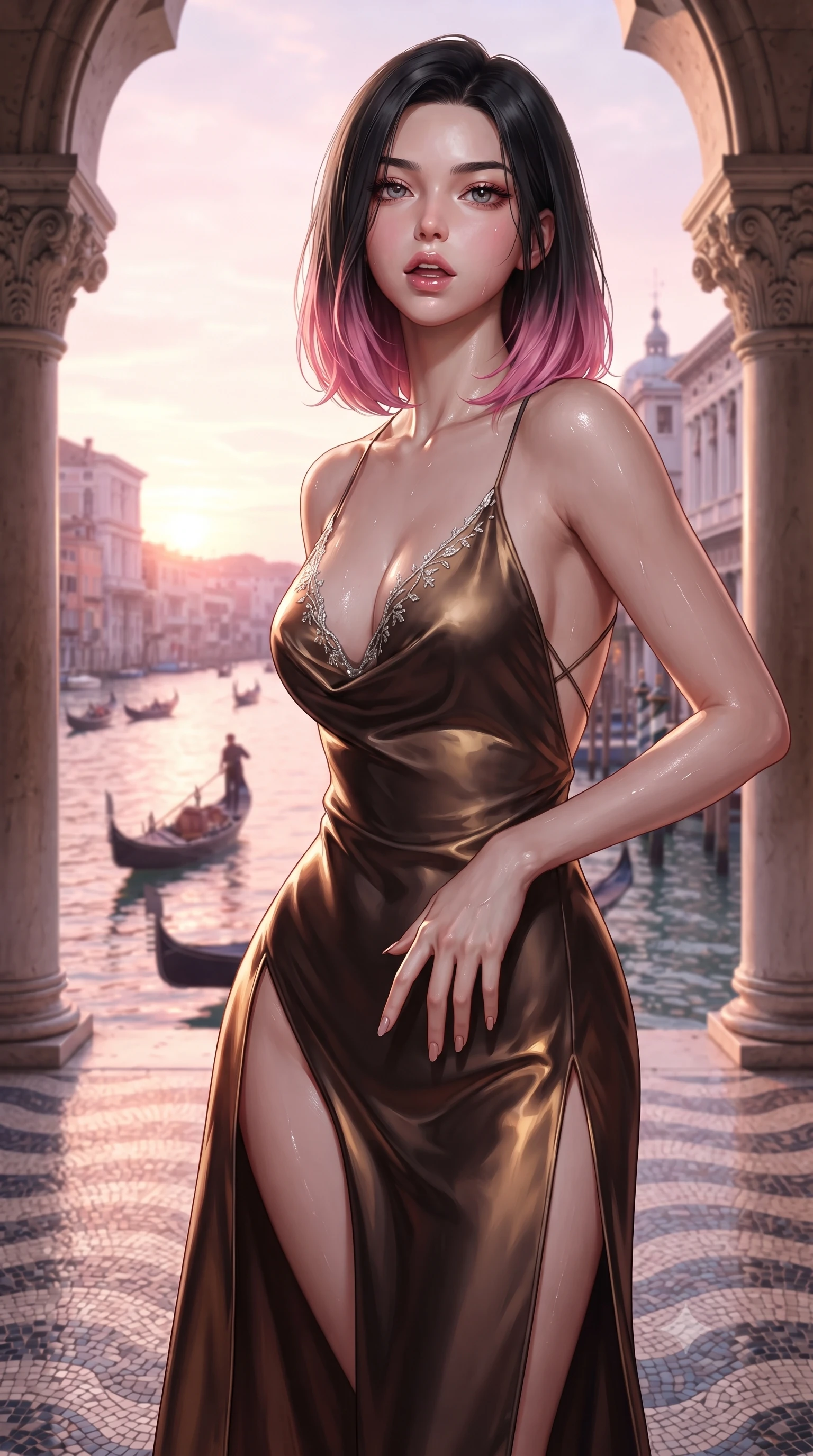 score_9, masterpiece, best quality, ultra-detailed, high-budget anime keyframe, editorial fashion photography, tasteful artistic composition, Korean woman. close-up cowboy shot from the waist and thighs up, the character dominates the composition, filling the frame with her large presence. resting one manicured hand delicately on her hip bone, her upper body turning in a fluid, seductive S-curve while parted lips glisten in the light while standing poised on the wave-patterned mosaic loggia floor, twisting her slender torso in an alluring S-curve as passing gondolas ripple the water below. The surrounding environment is rendered in vivid detail and crisp panoramic clarity. detailed lace gown drape folds, water glints on skin, and Grand Canal architectural clarity in high resolution. She has an exceptionally elegant, slender, and willowy female figure with an ultra-slim waist, flat toned midriff, narrow ribcage, and sculpted feminine hips creating an alluring, slim hourglass silhouette without bulk. sharp v-shaped jawline, high-bridge nose, intricate jewel-like eyes with depth, thick eyelashes, glossy parted lips with a natural sheen, intensely captivating and seductive bedroom-eyes expression, flawlessly proportioned anatomical accuracy, strict slender model proportions, natural body alignment, perfectly sculpted long slender limbs, ultra-slim waistline, clean dynamic posture without body distortion. wearing a backless cowl-neck satin slip dress featuring high-cut side hip slits and delicate criss-cross back straps in dark espresso brown and molten gold foil, tailored from ultra-smooth duchess satin with a pearlescent sheen, finished with delicate crystal frost embroidery tracing the plunging neckline, the glove-like aerodynamic silhouette tightly following the natural contour of her hips and long slender legs with statuesque 8.5-heads elegance. bathed in luminous pastel sunset pink and gold light reflecting off the Grand Canal waters. ultra-reflective glossy finish, specular highlights, rich textural contrasts, high-contrast stereoscopic depth, volumetric dynamic lighting, 2k, ultra detail, master piece, 9:16 ratio
