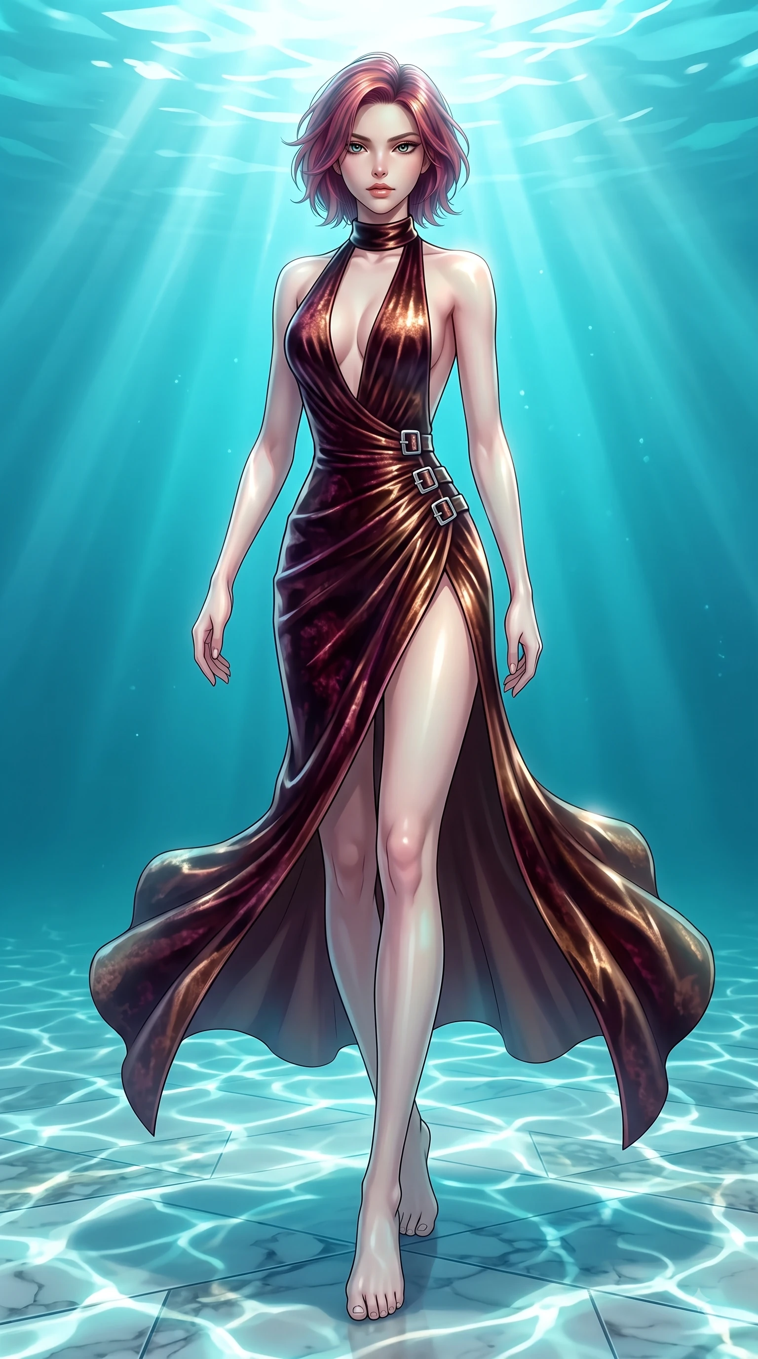 score_9, masterpiece, best quality, ultra-detailed, high-budget anime keyframe, editorial fashion photography, tasteful artistic composition, Caucasian woman. low angle full-body shot from head to toe showing her feet, filling the entire 9:16 vertical frame with her statuesque presence, stretching her vertical silhouette. forging dynamically through the scene with her long slender legs and ultra-slim waist creating a sweeping curve while gliding over a mosaic marble floor illuminated by shimmering underwater caustic ripples, gentle ocean currents swaying her lightweight attire in fluid underwater motions. She has an absolutely perfect, statuesque 8.5-heads proportion, an exceptionally tall and slender model-like female figure with impossibly long slender legs and an ultra-slim waist. sharp v-shaped jawline, high-bridge nose, intricate jewel-like eyes with depth, thick eyelashes, glossy lips with a natural sheen, flawlessly proportioned anatomical accuracy, natural body alignment, perfectly sculpted elegant limbs, clean dynamic posture without body distortion. wearing a backless crushed velvet gown with a deep V-neckline and high thigh slit in deep burgundy and bronze, made of premium stretch velvet with a rich sheen, detailed with polished silver buckles along the waistline, the glove-like fit emphasizing her statuesque silhouette during motion. bathed in brilliant underwater sunbeams and soft turquoise caustic glow. highly saturated vibrant anime colors, detailed shading with soft gradients, rich glossy textures, high-contrast stereoscopic depth, volumetric dynamic lighting, master piece, 9:16 ratio
