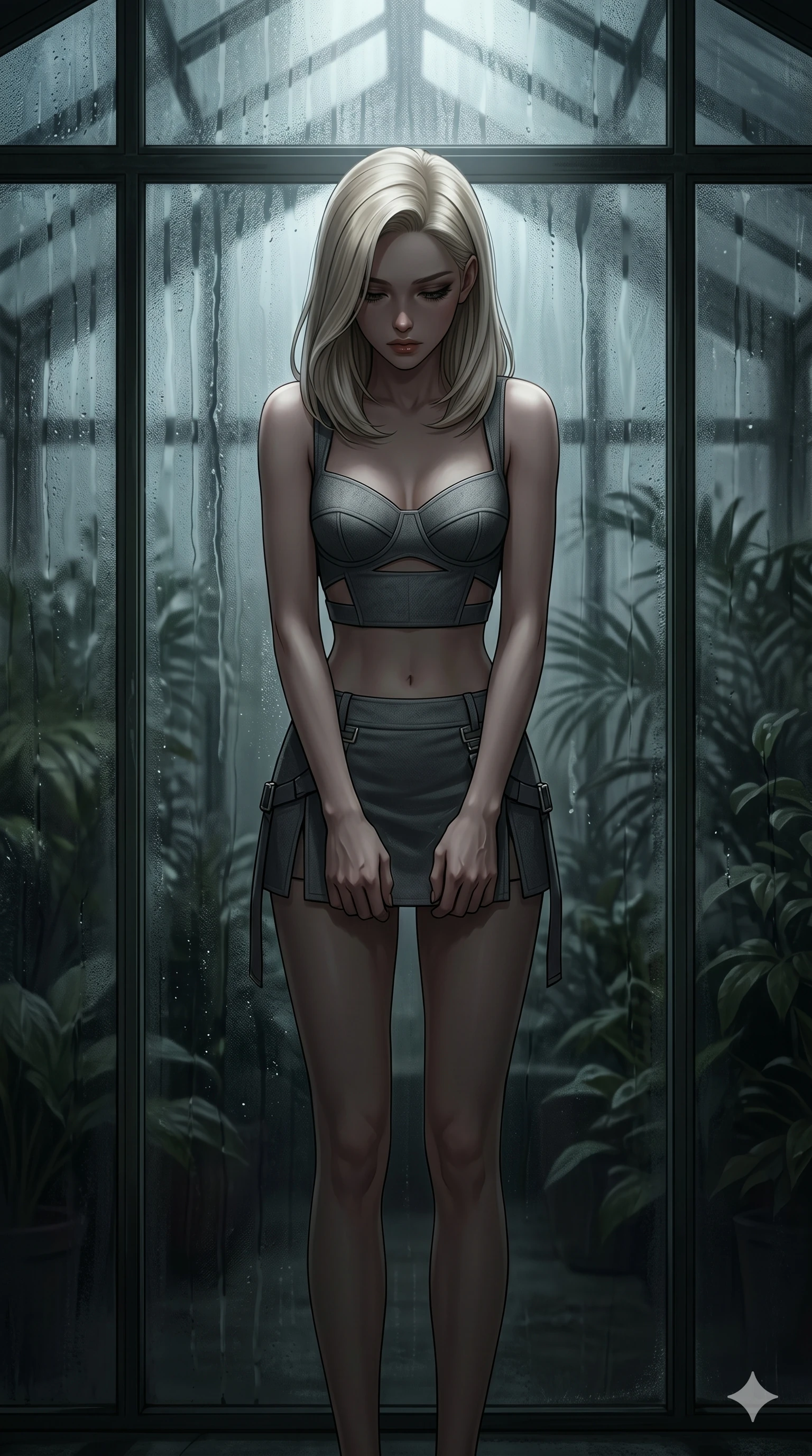score_9, masterpiece, best quality, ultra-detailed, high-budget anime keyframe, editorial fashion photography, tasteful artistic composition, Caucasian woman, strictly human ears. cowboy shot from the thighs up, character and outfit filling the frame for maximum editorial presence. collapsing her shoulders slightly, her hands trembling as she looks down at the ground in deep grief inside a glass-walled greenhouse with condensation trickling down the panes (Scenario Code S-32). She has an absolutely perfect 8-heads proportion, an exceptionally tall and slender female figure with impossibly long slender legs and an ultra-slim waist. V-shaped jawline, high-bridge nose, intricate jewel-like eyes with depth, thick eyelashes, glossy lips with a natural sheen. wearing a structured crop bustier with strategic cutouts and a matching micro-skirt with side straps. lit by a single weak spotlight from above, leaving her body mostly in deep shadows. 2k, ultra detail, master piece, 9:16 ratio