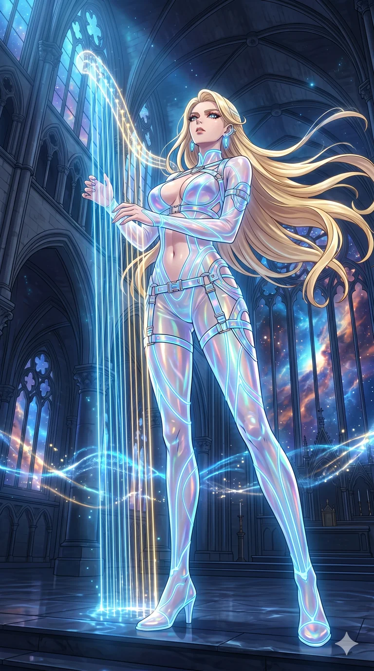 score_9, masterpiece, best quality, ultra-detailed, High-budget Anime Keyframe, vibrant colors, fluid line-art, expressive lighting, cinematic composition, Ufotable-style visual effects, top-tier animation quality, Caucasian woman with pale skin, blonde hair, and (strictly human ears). Cinematic low angle perspective showcasing her towering height and perfect 8-heads proportion. Playing a celestial harp made of strings of pure light, the music creating ripples in the atmosphere around her. She has an absolutely perfect 8-heads proportion, an exceptionally tall and slender female figure with impossibly long slender legs and an ultra-slim waist, her statuesque height and towering silhouette dominating the vertical 9:16 frame. Her face is a masterpiece featuring a sharp v-shaped jawline, high-bridge nose, intricate jewel-like eyes with depth, thick eyelashes, and glossy lips with a natural sheen. She is wearing a Iridescent sheer catsuit with glowing lines that pulse in sync with her heartbeat crafted from Holographic chiffon that changes color with every movement, creating a rainbow effect, with an exposed midriff and a complex harness system that draws the eye. The scene is set in a majestic gothic cathedral in deep space with massive windows overlooking a swirling nebula, illuminated by underwater caustic lighting with ripples of light dancing across her body. 2k, ultra detail, master piece, 9:16 ratio