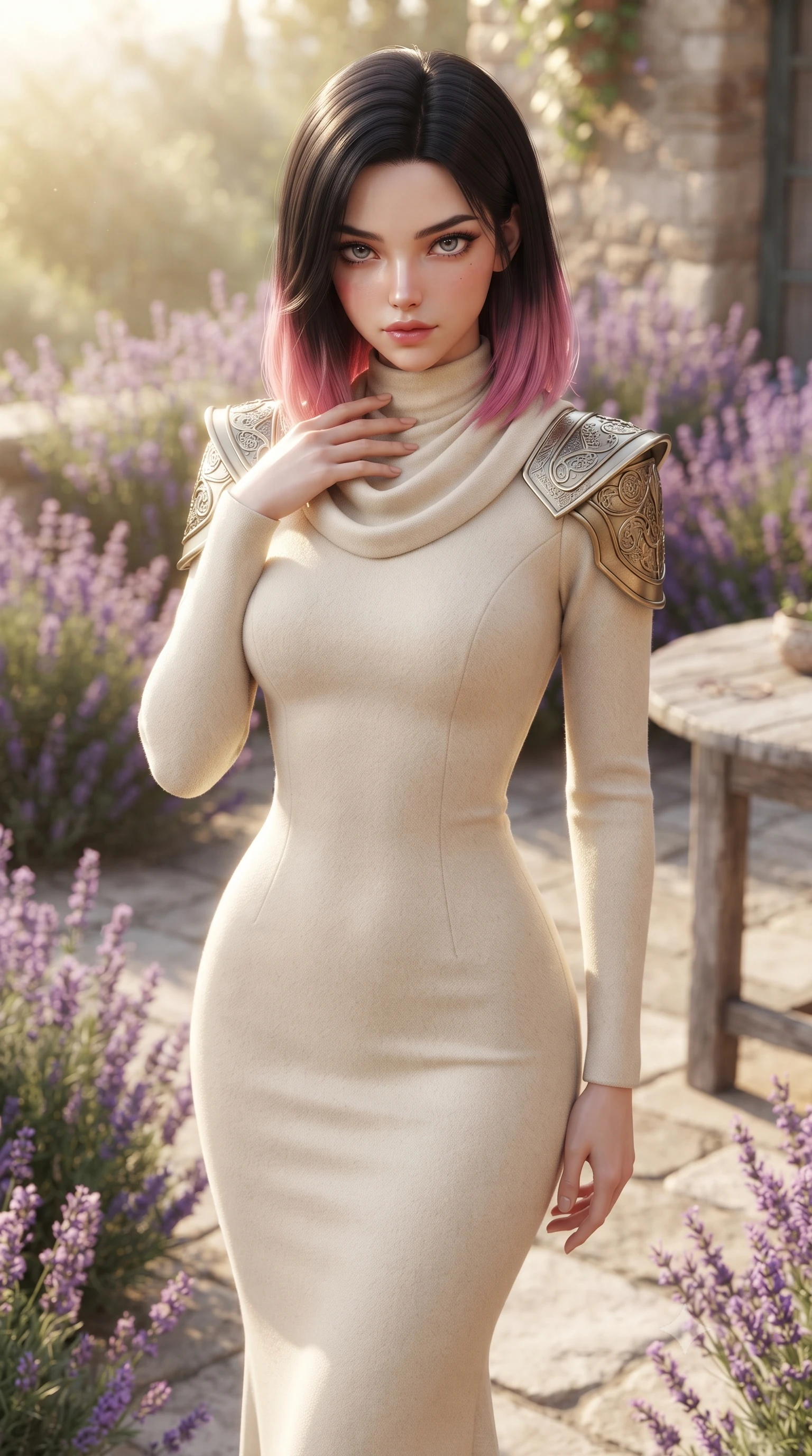 score_9, masterpiece, best quality, ultra-detailed, high-budget anime keyframe, editorial fashion photography, tasteful artistic composition, Korean woman woman. close-up cowboy shot from the waist and thighs up, the character dominates the composition, filling the frame with her large presence, background elements kept in soft focus. standing with one hand resting on her collarbone, looking at the viewer with bedroom-eyes the background shows a soft-focus a stone patio surrounded by lavender bushes, with a rustic wooden table. She has an exceptionally elegant, slender, and willowy female figure with an ultra-slim waist, a gracefully sculpted slender torso, and a refined silhouette. sharp v-shaped jawline, high-bridge nose, intricate jewel-like eyes with depth, thick eyelashes, glossy lips with a natural sheen. wearing a body-hugging elegant galactic senate gown in cream cashmere, featuring structured metallic gold shoulder guards and a high-neck drape. soft golden afternoon sunbeams casting a peaceful country glow. ultra-reflective glossy finish, specular highlights, metallic sheen, high-contrast stereoscopic depth, volumetric dynamic lighting, 2k, ultra detail, master piece, 9:16 ratio