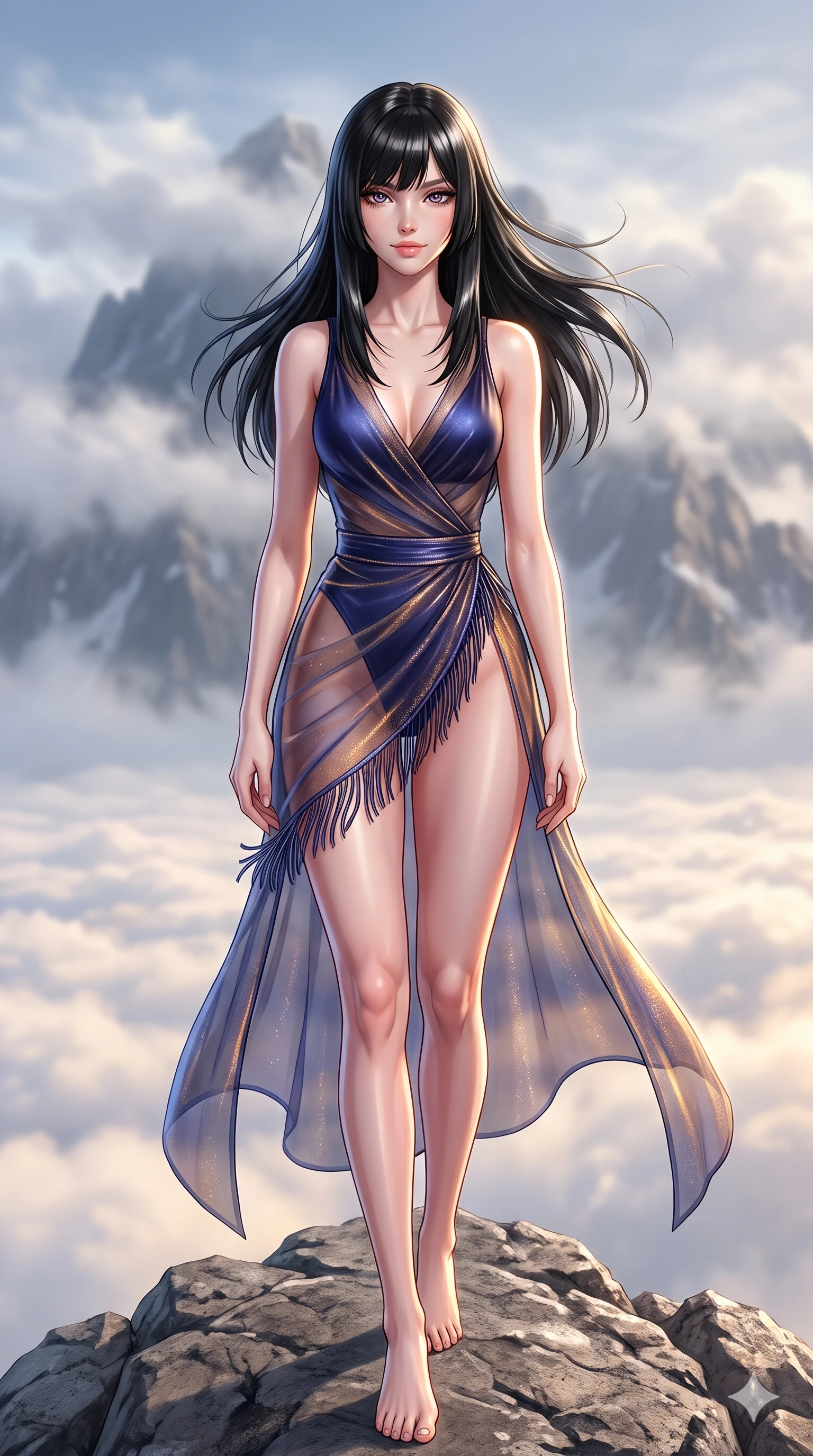 score_9, masterpiece, best quality, ultra-detailed, high-budget anime keyframe, semi-realistic 3D game render, editorial fashion photography, tasteful artistic composition, Caucasian woman. low angle full-body shot from head to toe showing her feet, filling the entire 9:16 vertical frame with her statuesque presence, stretching her vertical silhouette. stepping slowly toward the camera with hypnotic grace, hips swaying in an alluring sensual rhythm that accentuates her curvy hourglass silhouette and long slender legs while standing tall on the outer granite precipice, arching her spine with sovereign supermodel grace as mountain gales whip through her hair. The background shows a soft-focus mountain summit sanctuary softened in high-altitude landscape shallow focus. She has an absolutely perfect, statuesque 8.5-heads proportion, an exceptionally tall and slender model-like female figure with impossibly long slender legs, an ultra-slim waist, a flat toned midriff, narrow delicate ribcage, and beautifully sculpted feminine hips creating a graceful, slim hourglass silhouette without any bulky heaviness. sharp v-shaped jawline, high-bridge nose, sparkling eyes with hypnotic seductive depth, thick curled eyelashes, glossy parted lips with a natural dewy peach sheen, alluring bedroom-eyes with an enchanting coquettish smile, exuding magnetic siren charisma and sophisticated glamour, flawlessly proportioned anatomical accuracy, strict slender model proportions, natural body alignment, perfectly sculpted long slender limbs, ultra-slim waistline, clean dynamic posture without body distortion. wearing a provocative sheer nobang organza wrap overskirt layered over a form-fitting silk leotard with bare hip flanks in midnight indigo and glowing lantern topaz, woven from metallic lurex thread casting radiant starlight glints across her silhouette, finished with delicate silk fringe trim fluttering along her hip line with kinetic charm, the high-slit wrap tailoring accentuating her ultra-slim waistline and the enchanting curve of her feminine hips with alluring seductive charm. illuminated by cloud sea upward bounce and sharp silver-topaz rim lights defining her razor-sharp jawline, narrow waist, and curvy hips. highly saturated vibrant anime colors, detailed shading with soft gradients, rich glossy textures, high-contrast stereoscopic depth, volumetric dynamic lighting, master piece, 9:16 ratio