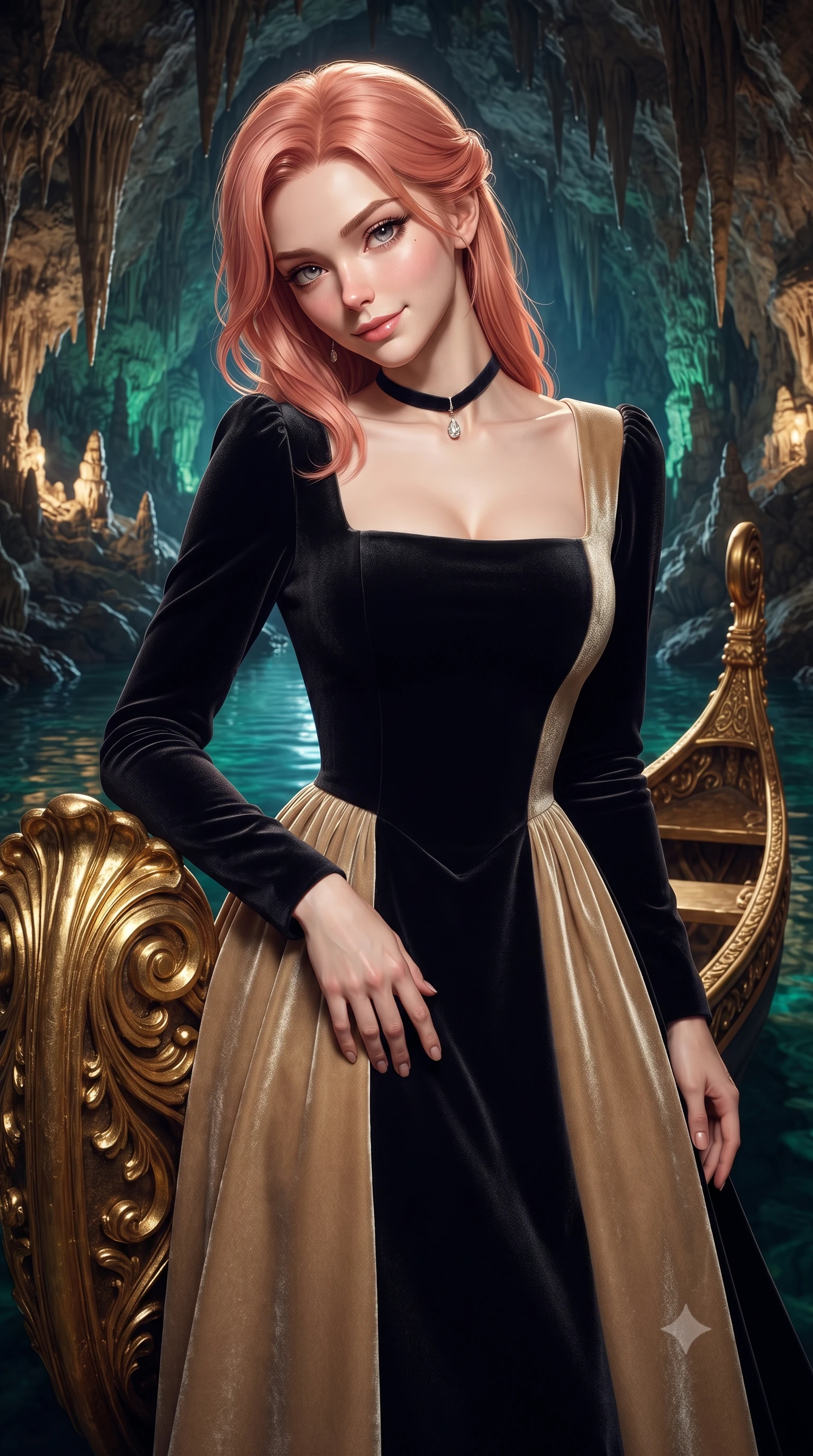 score_9, masterpiece, best quality, ultra-detailed, high-budget anime keyframe, editorial fashion photography, tasteful artistic composition, Japanese woman. close-up cowboy shot from the waist and thighs up, the character dominates the composition, filling the frame with her large presence. tilting her head with a teasing half-smile, running one hand slowly down the side of her hip in a flirtatious S-curve as ambient light caresses her silhouette while leaning against the ornate gilded golden shell boat with hips cocked back, looking across emerald underground waters with intoxicating bedroom-eyes. The surrounding environment is rendered in vivid detail and crisp panoramic clarity: sharp limestone dripstone textures, intricate gold-leaf scrollwork on the royal shell boat, and crystal-clear cave water caustics in deep focus. She has an exceptionally elegant, slender, and willowy female figure with an ultra-slim waist, flat toned midriff, narrow ribcage, and sculpted feminine hips creating an alluring, slim hourglass silhouette without bulk. sharp v-shaped jawline, high-bridge nose, intricate jewel-like sparkling eyes with depth, thick eyelashes, glossy parted lips with a natural peach sheen, bright cheerful beaming smile with an enchanting and coquettish sensual glint, exuding both youthful cute charm and seductive allure, flawlessly proportioned anatomical accuracy, strict slender model proportions, natural body alignment, perfectly sculpted long slender limbs, ultra-slim waistline, clean dynamic posture without body distortion. wearing a classical Habsburg empire-line pleated velvet evening gown with modest square neckline in deep midnight obsidian black and champagne gold, crafted from bespoke double-faced cashmere with an exceptionally soft tactile finish, finished with a thin velvet ribbon choker and a single teardrop diamond pendant, the impeccably tailored cut draping gracefully along her slender figure with aristocratic poise. bathed in the magical theatrical 3500K sapphire-and-emerald electric arc illumination designed for King Ludwig II's private opera performances. ultra-reflective glossy finish, specular highlights, rich textural contrasts, high-contrast stereoscopic depth, volumetric dynamic lighting, 2k, ultra detail, master piece, 9:16 ratio