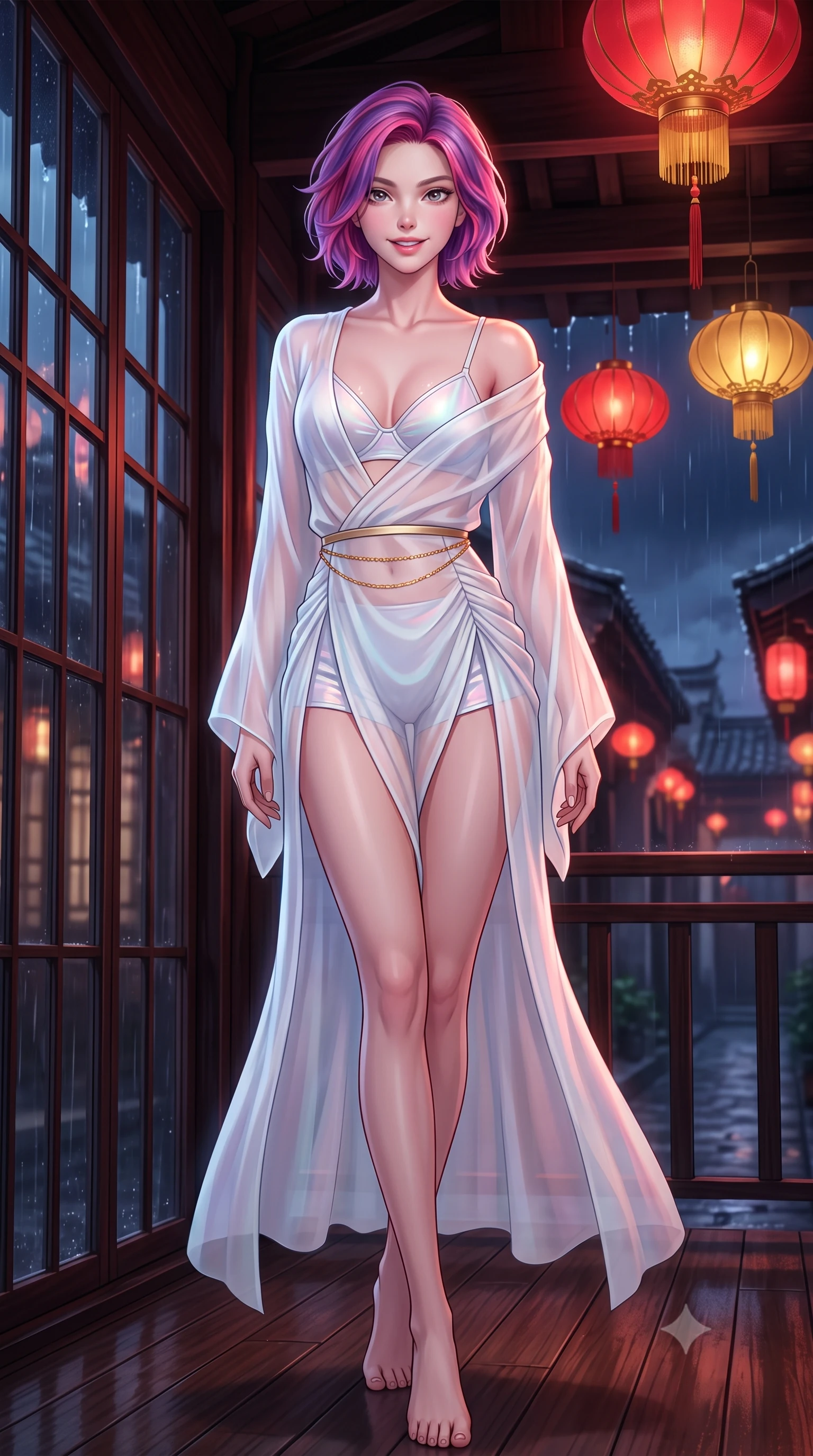 score_9, masterpiece, best quality, ultra-detailed, high-budget anime keyframe, semi-realistic 3D game render, editorial fashion photography, tasteful artistic composition, Caucasian woman. low angle full-body shot from head to toe showing her feet, filling the entire 9:16 vertical frame with her statuesque presence, stretching her vertical silhouette. posing in a classic haute-couture S-curve stance beside the floor-to-ceiling window, looking over a bare shoulder with magnetic presence while standing poised on the dark timber veranda of the restored Shikumen villa, arching her lower back as crimson silk lanterns flutter in the nocturnal breeze. The background shows a soft-focus rain droplets dripping from eaves softened in historic Shikumen alley nocturne shallow focus. She has an exceptionally tall and slender model-like 8.5-heads proportion, an ultra-slim waist, a flat toned midriff, narrow delicate ribcage, and beautifully sculpted feminine hips creating a graceful, slim hourglass silhouette without any bulky heaviness, with impossibly long slender legs. sharp v-shaped jawline, high-bridge nose, intricate jewel-like sparkling eyes with depth, thick eyelashes, glossy parted lips with a natural peach sheen, bright cheerful beaming smile with an enchanting and coquettish sensual glint, exuding both youthful cute charm and seductive allure, flawlessly proportioned anatomical accuracy, strict slender model proportions, natural body alignment, perfectly sculpted long slender limbs, ultra-slim waistline, clean dynamic posture without body distortion. wearing an ethereal translucent silk chiffon yukata robe slipping off bare shoulders over a strappy underwire bralette and micro-shorts in pure translucent crystal white and iridescent opal, made of fluid liquid jersey with seamless sculpting hold and smooth contours, accented with a dainty gold belly chain resting across her flat midriff and curving hips, the high-slit wrap tailoring accentuating her ultra-slim waistline and the enchanting curve of her feminine hips with alluring seductive charm. bathed in the romantic red-and-gold 2200K glow of hanging silk lanterns contrasted with deep midnight rain ambient. highly saturated vibrant anime colors, detailed shading with soft gradients, rich glossy textures, high-contrast stereoscopic depth, volumetric dynamic lighting, master piece, 9:16 ratio