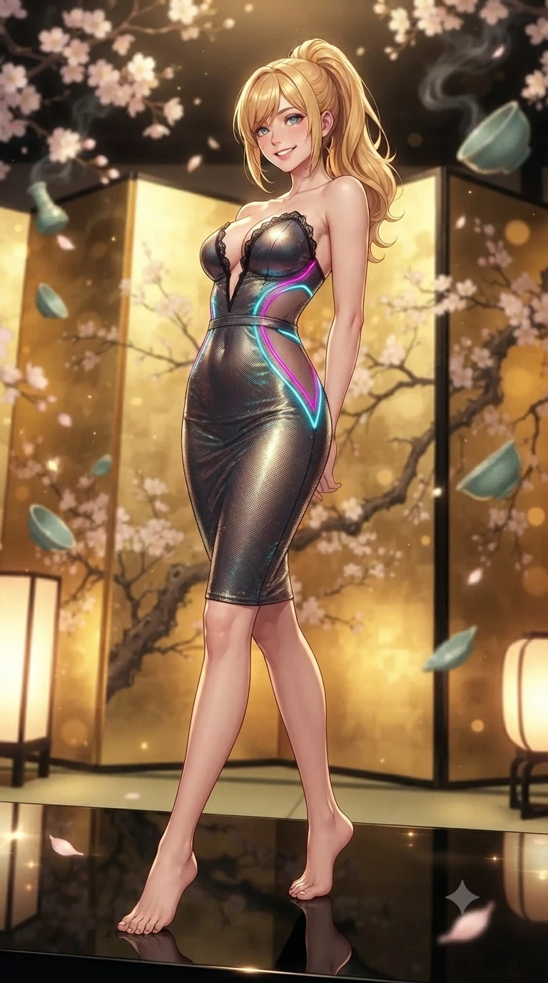 score_9, masterpiece, best quality, ultra-detailed, high-budget anime keyframe, editorial fashion photography, tasteful artistic composition, Caucasian woman. low angle full-body shot from head to toe showing her feet, filling the entire 9:16 vertical frame with her statuesque presence, stretching her vertical silhouette. posing in a classic haute-couture S-curve stance beside the floor-to-ceiling window, looking over a bare shoulder with magnetic presence while standing poised on the black mirror-lacquer dais before towering gold-leaf screens, arching her spine with ethereal siren poise as levitating celadon ceramic shards hover in mid-air. The background shows a soft-focus shimmering gold-leaf folding screens painted with cherry branches, floating celadon ceramic fragments, and drifting incense smoke blurred into gold, jade, and peat bokeh. She has an exceptionally tall and slender model-like 8.5-heads proportion, an ultra-slim waist, a flat toned midriff, narrow delicate ribcage, and beautifully sculpted feminine hips creating a graceful, slim hourglass silhouette without any bulky heaviness, with impossibly long slender legs. sharp v-shaped jawline, high-bridge nose, intricate jewel-like sparkling eyes with depth, thick eyelashes, glossy parted lips with a natural peach sheen, bright cheerful beaming smile with an enchanting and coquettish sensual glint, exuding both youthful cute charm and seductive allure, flawlessly proportioned anatomical accuracy, strict slender model proportions, natural body alignment, perfectly sculpted long slender limbs, ultra-slim waistline, clean dynamic posture without body distortion. wearing an alluring plunging sweetheart bodice dress with sheer mesh side-waist cutouts contouring her ribs in Neo-Shinjuku neon magenta and electric cyan, crafted from stretch micro-mesh with liquid foil coating that shimmers with every movement, finished with scalloped eyelash lace trim framing her sweetheart neckline with intimate elegance, the second-skin tailored fabric adhering flawlessly to her sculpted flat midriff and slender torso, emphasizing her long leg lines and perfectly proportioned willowy build. bathed in the warm radiant 2400K glow of concealed paper lanterns reflecting off polished gold leaf. ultra-reflective glossy finish, specular highlights, rich textural contrasts, high-contrast stereoscopic depth, volumetric dynamic lighting, 2k, ultra detail, master piece, 9:16 ratio