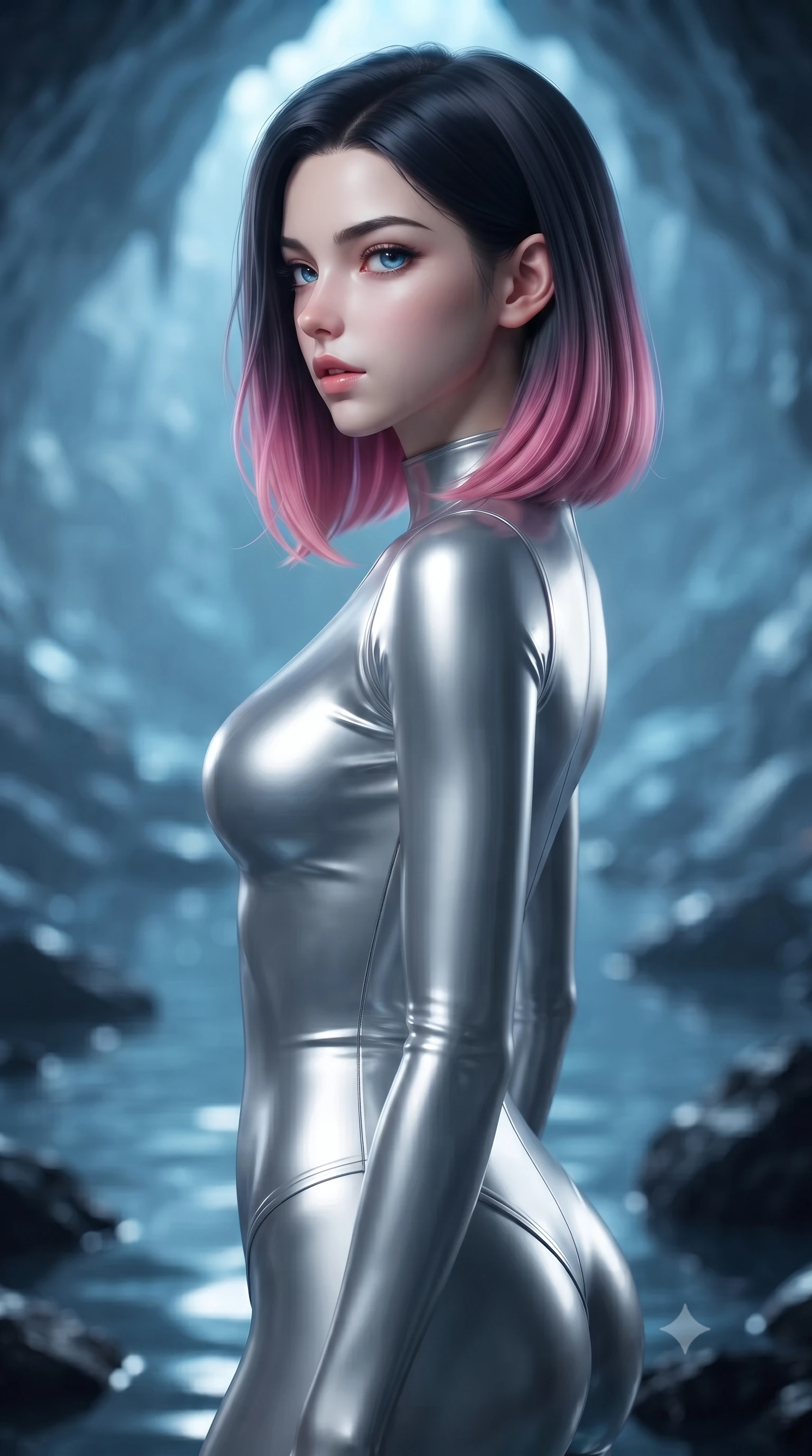 score_9, masterpiece, best quality, ultra-detailed, high-budget anime keyframe, editorial fashion photography, tasteful artistic composition, Korean woman. close-up cowboy shot from the waist and thighs up, the character dominates the composition, filling the frame with her large presence, background elements kept in soft focus. turning her face in profile to look over her shoulder, casting a smoldering side gaze with lips slightly parted, the background shows a soft-focus a marine cave spring filled with liquid silver mercury and black obsidian rocks. She has an exceptionally elegant, slender, and willowy female figure with an ultra-slim waist, a gracefully sculpted slender torso, and a refined silhouette. sharp v-shaped jawline, high-bridge nose, intricate jewel-like eyes with depth, thick eyelashes, glossy lips with a natural sheen. wearing a form-contouring form-contouring liquid silver space flight under-suit, contouring her athletic, slender build. soft blue light reflecting from the mercury pool onto the cave walls and ceiling. ultra-reflective glossy finish, specular highlights, metallic sheen, high-contrast stereoscopic depth, volumetric dynamic lighting, 2k, ultra detail, master piece, 9:16 ratio