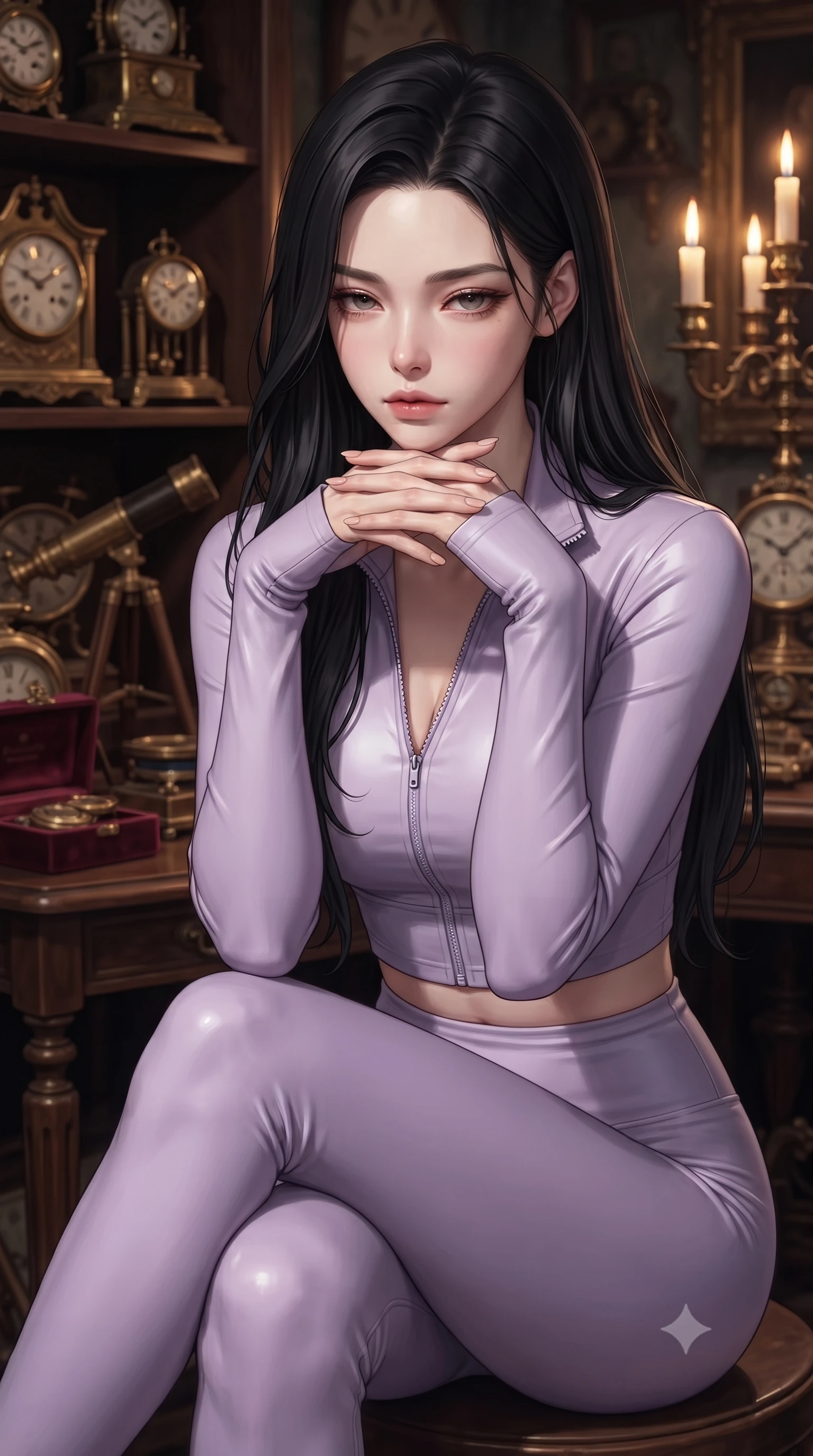 score_9, masterpiece, best quality, ultra-detailed, high-budget anime keyframe, editorial fashion photography, tasteful artistic composition, Korean woman. close-up cowboy shot from the waist and thighs up, the character dominates the composition, filling the frame with her large presence, background elements kept in soft focus. resting her chin on the backs of her fingers, casting a heavy-lidded, sultry look past the camera the background shows a soft-focus an antique shop corner filled with vintage clocks, telescopes, and velvet boxes. She has an exceptionally elegant, slender, and willowy female figure with an ultra-slim waist, a gracefully sculpted slender torso, and a refined silhouette. sharp v-shaped jawline, high-bridge nose, intricate jewel-like eyes with depth, thick eyelashes, glossy lips with a natural sheen. wearing a form-contouring body-hugging activewear set of a tailored zip-up long-sleeve crop top and matching high-waisted leggings in soft lavender. warm candlelight casting dramatic shadows on the brass instruments. ultra-reflective glossy finish, specular highlights, metallic sheen, high-contrast stereoscopic depth, volumetric dynamic lighting, 2k, ultra detail, master piece, 9:16 ratio