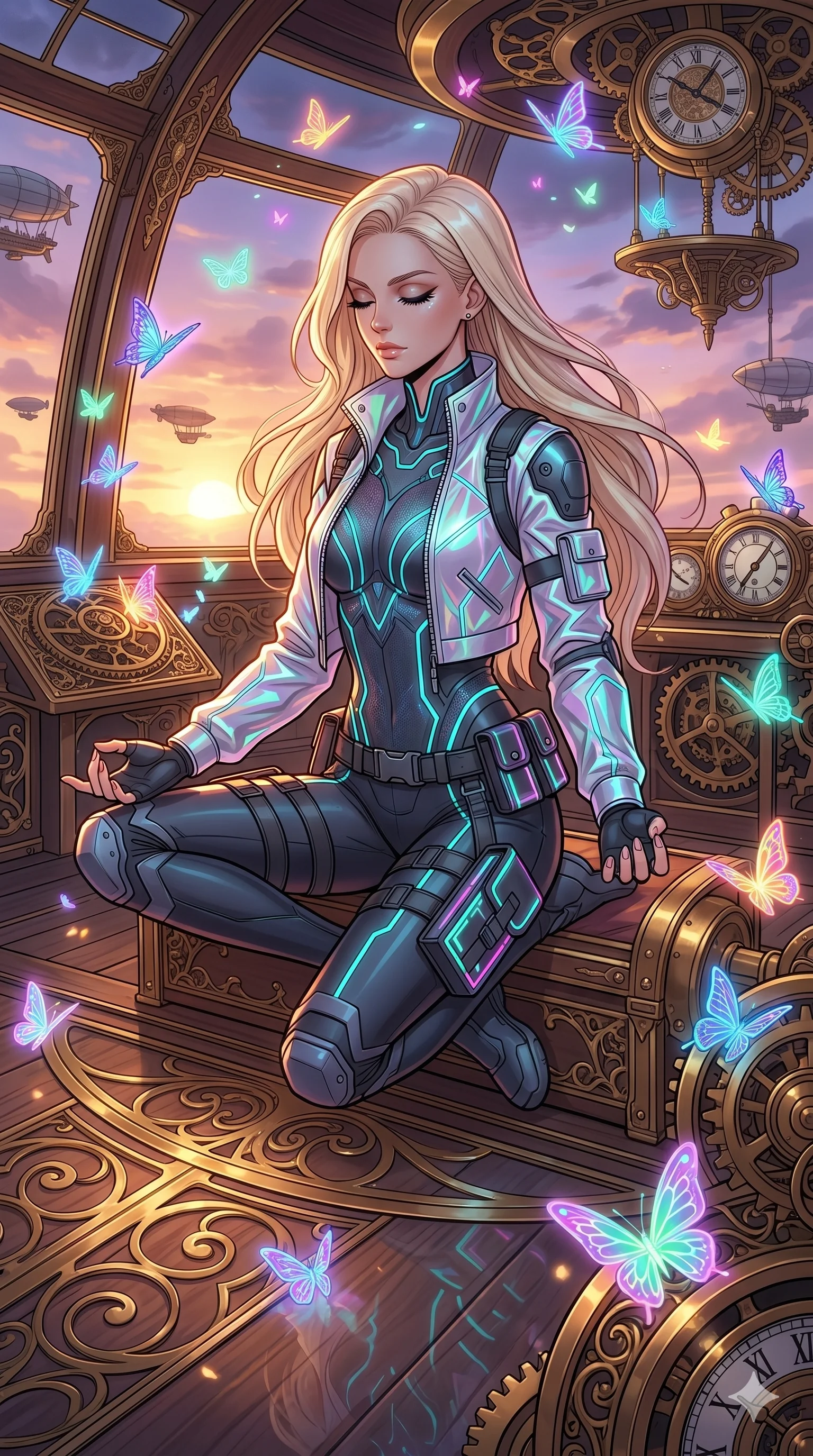 score_9, masterpiece, best quality, ultra-detailed, high-budget anime movie keyframe, cinematic anime lighting, intricate line art, Caucasian (strictly human ears) woman. Medium shot of upper body capturing the intricate details of her high-fashion attire. meditating peacefully in a steampunk airship deck surrounded by glowing butterflies. She has an absolutely perfect 8-heads proportion, an exceptionally tall and slender female figure with an ultra-slim waist and impossibly long slender legs. sharp v-shaped jawline, high-bridge nose, intricate jewel-like eyes, thick eyelashes, glossy lips. Wearing modern urban tech-wear ensemble with a cropped reflective bomber jacket, ultra-slim high-waisted cargo leggings, and tactical harness with neon-lit pouches. The scene is illuminated by dramatic atmospheric lighting and vibrant color palettes. , 2k, ultra detail, master piece, 9:16 ratio
