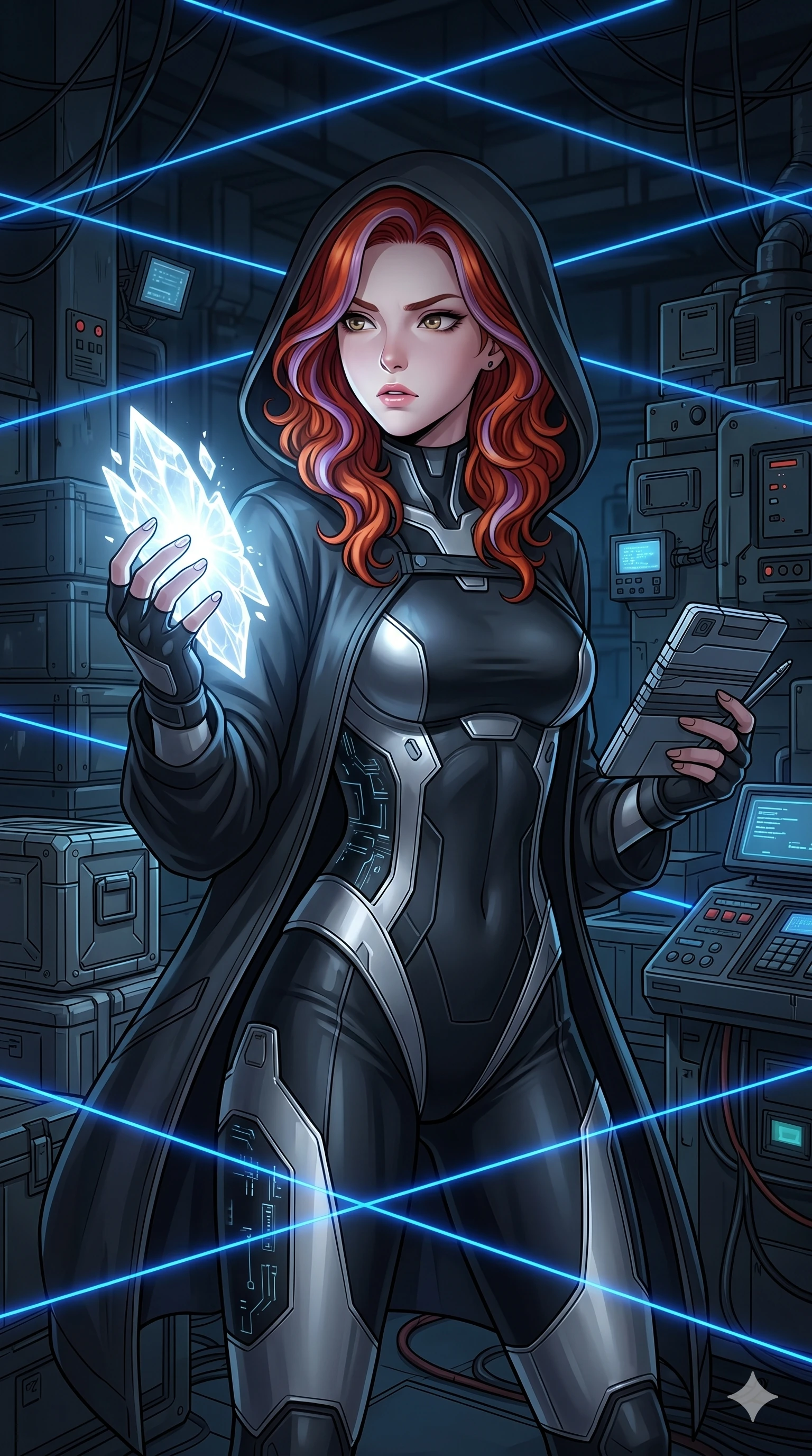 score_9, masterpiece, best quality, ultra-detailed, high-budget anime keyframe, Caucasian woman, strictly human ears. Upper body close-up from the thighs up, character filling the screen for maximum presence. Standing in a dark warehouse during a secret digital trade, holding a glowing memory shard, looking around cautiously with a sharp expression. She is wearing a hooded tech-wear cloak over a sleek high-fashion unitard with metallic accents. The scene is illuminated by the brilliant white glow of the shard and sharp blue laser tripwires. 2k, ultra detail, master piece, 9:16 ratio