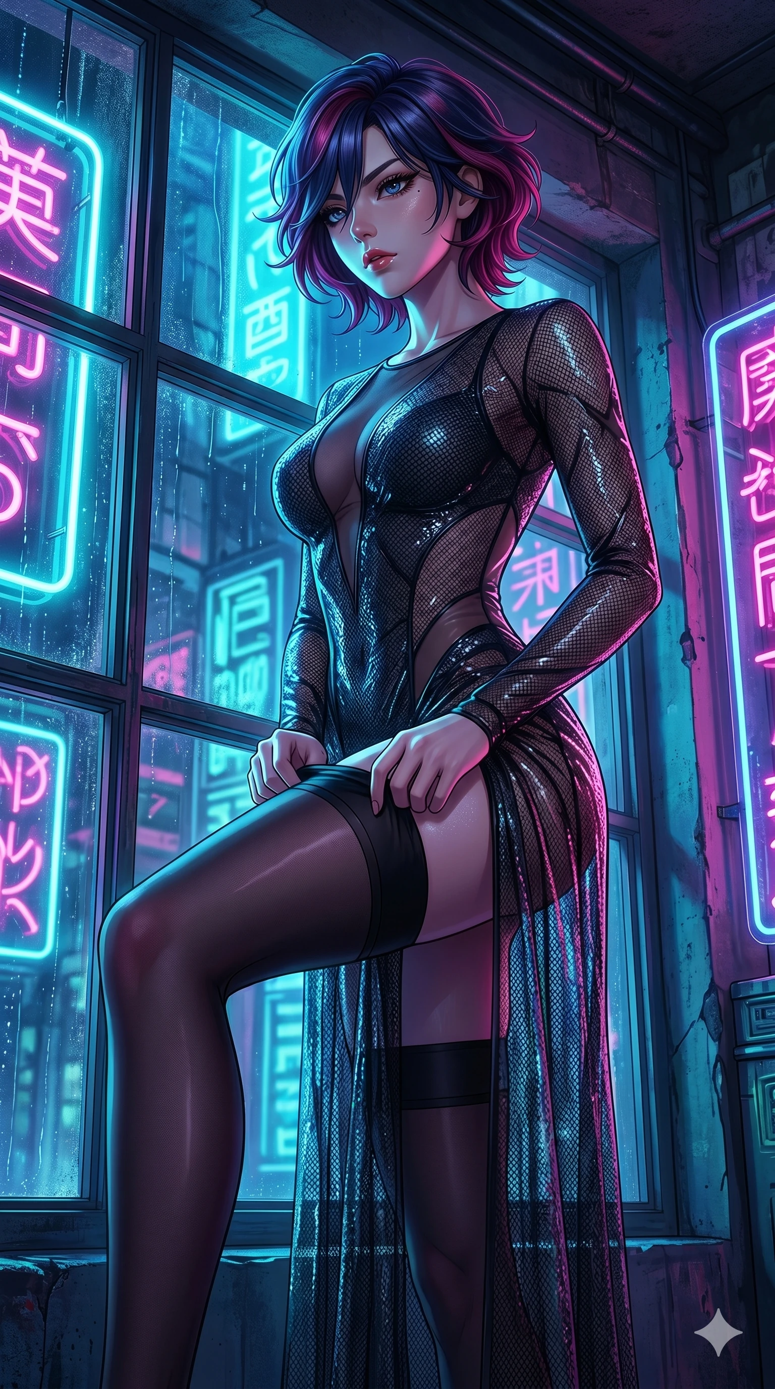 score_9, masterpiece, best quality, ultra-detailed, High-budget Anime Keyframe, East Asian woman. Low angle cowboy shot filling the entire 9:16 frame with her statuesque presence. Scenario 277: Adjusting her thigh-high stocking by a glowing neon window. Her presence is magnetic and overpowering in this high-budget anime scene. Outfit 277: A micro-mesh lace long with a sheer panels and wet-look texture. The clothing is designed to emphasize her exceptionally tall and slender 8-heads proportion. 8-heads proportion, towering silhouette, ultra-slim waist. sharp v-shaped jawline, intricate jewel-like eyes with depth, thick eyelashes, glossy lips. 2k, ultra detail, master piece, 9:16 ratio