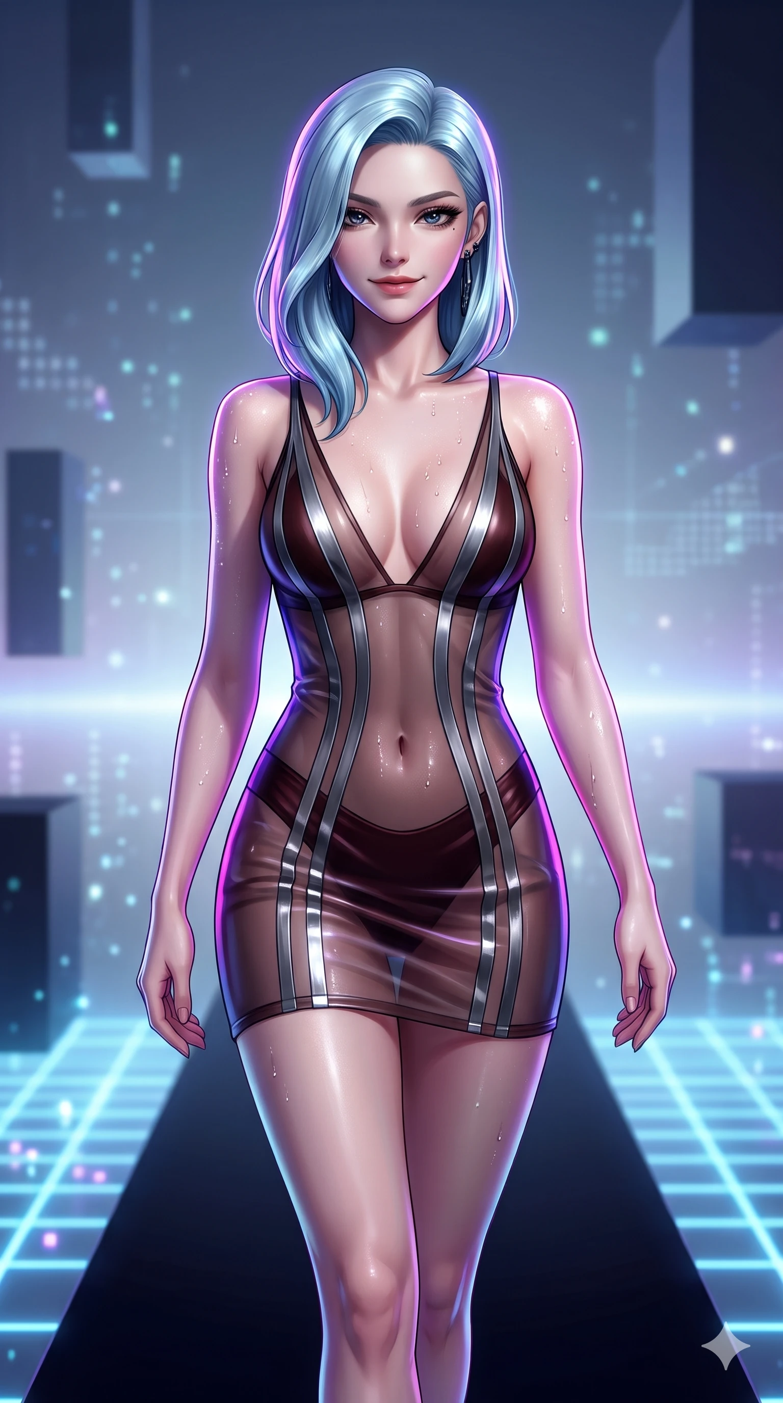 score_9, masterpiece, best quality, ultra-detailed, high-budget anime keyframe, semi-realistic 3D game render, editorial fashion photography, tasteful artistic composition, Korean woman. close-up cowboy shot from the waist and thighs up, the character dominates the composition, filling the frame with her large presence. glancing sidelong over her shoulder with a smoldering, enigmatic half-smile that commands the frame while striding confidently along the floating monolithic platform, her long slender legs and hourglass hips commanding the infinite cyber void. The background shows a soft-focus abstract cyber-space void softened in digital horizon shallow focus. She has an exceptionally elegant, slender, and willowy female figure with an ultra-slim waist, flat toned midriff, narrow ribcage, and sculpted feminine hips creating an alluring, slim hourglass silhouette without bulk. sharp v-shaped jawline, high-bridge nose, intricate jewel-like dark sparkling eyes with hypnotic seductive depth, thick curled eyelashes, glossy parted lips with a natural wine sheen, alluring bedroom-eyes with an enigmatic smoldering smile, exuding magnetic sovereign charisma and dark avant-garde glamour, flawlessly proportioned anatomical accuracy, strict slender model proportions, natural body alignment, perfectly sculpted long slender limbs, ultra-slim waistline, clean dynamic posture without body distortion. wearing a plunge-front sheer illusion tulle slip dress with liquid platinum ribbon stripes hugging her curves in dark mahogany and brushed gunmetal, crafted from translucent iridescent mesh with a wet-look second-skin cling, finished with glistening moisture droplets beading across her sculpted shoulders and flat midriff, contouring every curve with an exceptionally elegant silhouette and captivating allure. illuminated by floating neon grid upward bounce and sharp ultraviolet rim lights defining her razor-sharp jawline, narrow waist, and curvy hips. highly saturated vibrant anime colors, detailed shading with soft gradients, rich glossy textures, high-contrast stereoscopic depth, volumetric dynamic lighting, master piece, 9:16 ratio