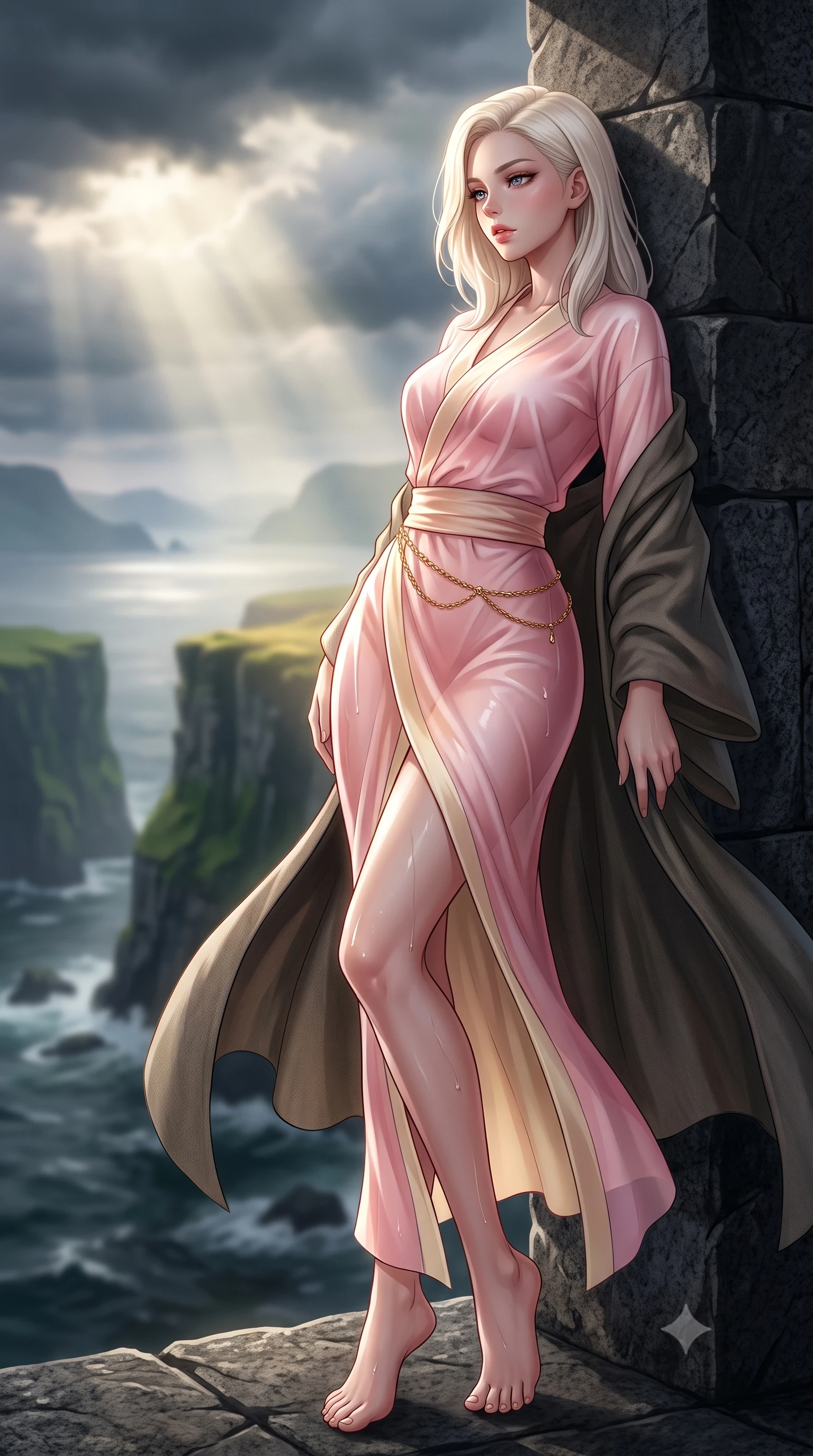 score_9, masterpiece, best quality, ultra-detailed, high-budget anime keyframe, semi-realistic 3D game render, editorial fashion photography, tasteful artistic composition, Caucasian woman. low angle full-body shot from head to toe showing her feet, filling the entire 9:16 vertical frame with her statuesque presence, stretching her vertical silhouette. leaning deep against the structural architecture with hips cocked in an unapologetically bold, seductive high-fashion stance while turning in an alluring dancer S-curve as fierce oceanic winds whip her heavy woolen cloak, gazing across the misty Scandinavian fjord archipelago. The composition keeps background elements in soft focus with creamy bokeh. sheer vertical green sea cliffs and crashing dark ocean breakers blurred into moody emerald, slate, and golden sunbeam bokeh. She has an exceptionally tall and slender model-like 8.5-heads proportion, an ultra-slim waist, a flat toned midriff, narrow delicate ribcage, and beautifully sculpted feminine hips creating a graceful, slim hourglass silhouette without any bulky heaviness, with impossibly long slender legs. sharp v-shaped jawline, high-bridge nose, intricate jewel-like eyes with depth, thick eyelashes, glossy parted lips with a natural sheen, intensely captivating and seductive bedroom-eyes expression, flawlessly proportioned anatomical accuracy, strict slender model proportions, natural body alignment, perfectly sculpted long slender limbs, ultra-slim waistline, clean dynamic posture without body distortion. wearing a delicate semi-translucent silk yukata that clings to her wet skin and curvy hip contours in sakura blossom pink and warm ivory, tailored from liquid silk jersey adhering flawlessly to her slender build, accented with a delicate gold chain belt resting loosely on her curvy hips, the liquid-tight tailored fabric clinging flawlessly to her narrow waist and rounded feminine hips, emphasizing every millimeter of her sculpted slim hourglass curves without any bulky heaviness. bathed in dramatic god-ray sunlight piercing through dark Atlantic storm clouds onto the cliff ridge. highly saturated vibrant anime colors, detailed shading with soft gradients, rich glossy textures, high-contrast stereoscopic depth, volumetric dynamic lighting, master piece, 9:16 ratio