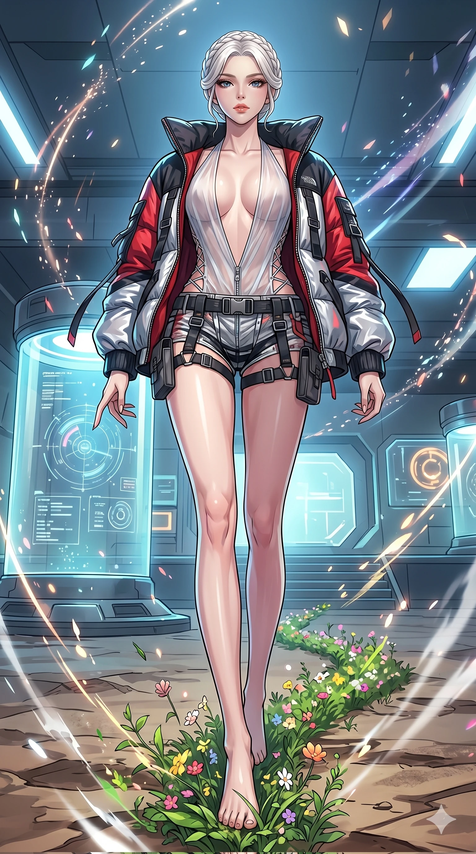 score_9, masterpiece, best quality, ultra-detailed, High-budget Anime Keyframe, vibrant colors, fluid line-art, expressive lighting, cinematic composition, Ufotable-style visual effects, top-tier animation quality, Korean woman with idol-like refined features. Cinematic low angle perspective showcasing her towering height and perfect 8-heads proportion. Restoring life to a barren, dead planet with a single touch, greenery and flowers erupting from her footsteps. She has an absolutely perfect 8-heads proportion, an exceptionally tall and slender female figure with impossibly long slender legs and an ultra-slim waist, her statuesque height and towering silhouette dominating the vertical 9:16 frame. Her face is a masterpiece featuring a sharp v-shaped jawline, high-bridge nose, intricate jewel-like eyes with depth, thick eyelashes, and glossy lips with a natural sheen. She is wearing a Oversized puffer jacket worn over a micro-shorts and harness set, unzipped to reveal her chest crafted from Sheer silk that is almost transparent, flowing like water around her statuesque frame, featuring a deep plunging neckline and delicate lace-up side details. The scene is set in a high-tech research laboratory with glowing glass tanks and complex holographic interfaces, illuminated by dynamic strobe effects that capture her movement in a series of sharp fragments. 2k, ultra detail, master piece, 9:16 ratio