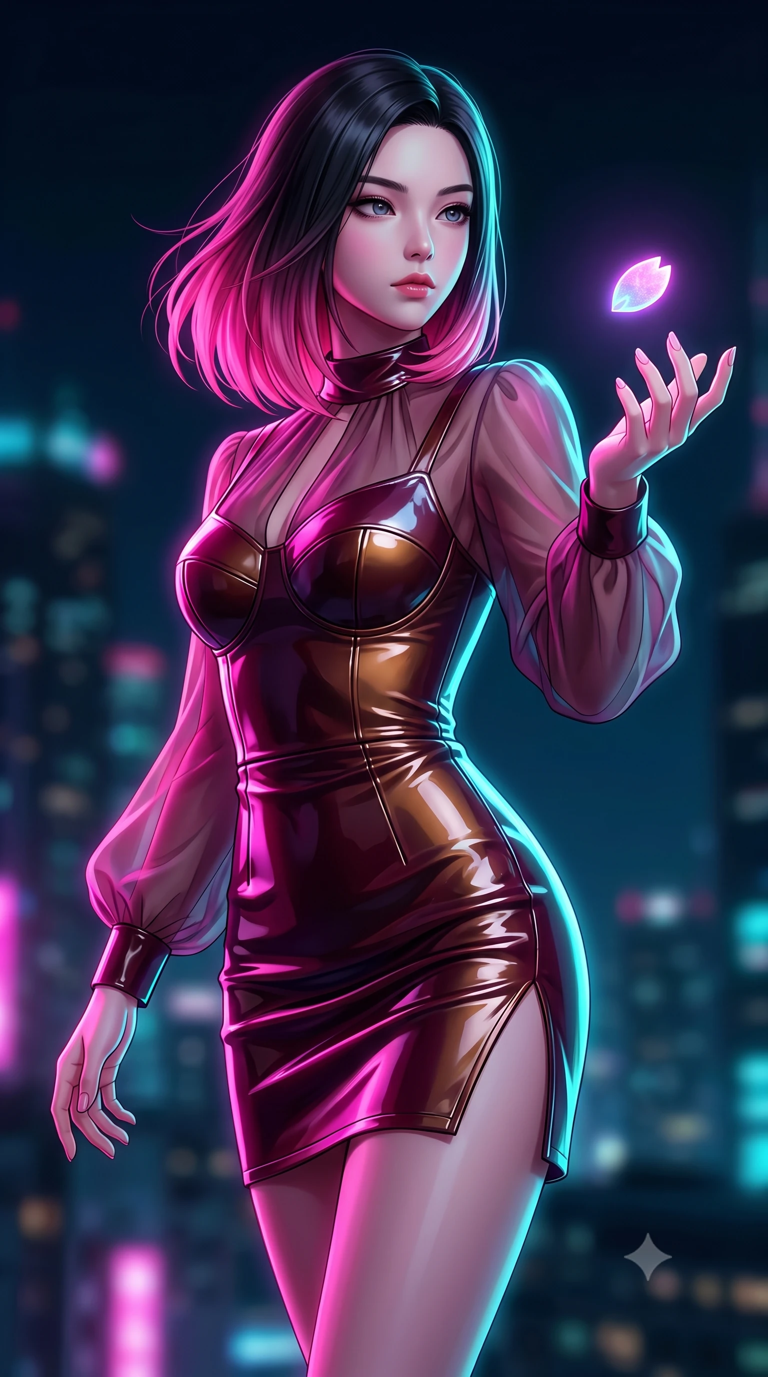 score_9, masterpiece, best quality, ultra-detailed, high-budget anime keyframe, editorial fashion photography, tasteful artistic composition, Korean woman. close-up cowboy shot from the waist and thighs up, the character dominates the composition, filling the frame with her large presence, background elements kept in soft focus. Gazing past the lens with composed intensity as her torso curves dynamically in mid-motion while reaching forward with one hand to catch a glowing holographic sakura petal, fluttering lightweight attire catching the high-altitude urban wind. She has an exceptionally elegant, slender, and willowy female figure with an ultra-slim waist, a gracefully sculpted slender torso, and a refined silhouette. sharp v-shaped jawline, high-bridge nose, intricate jewel-like eyes with depth, thick eyelashes, glossy lips with a natural sheen, flawlessly proportioned anatomical accuracy, natural body alignment, perfectly sculpted elegant limbs, clean dynamic posture without body distortion. wearing a tailored leather bustier over a sheer silk chiffon blouse in deep burgundy and bronze, tailored from high-gloss patent leather, finished with a sleek side slit ascending to mid-thigh, the form-contouring material highlighting her ultra-slim waist and long lines. drenched in intense neon magenta and cyan rim light with dark urban contrast. highly saturated vibrant anime colors, detailed shading with soft gradients, rich glossy textures, high-contrast stereoscopic depth, volumetric dynamic lighting, master piece, 9:16 ratio