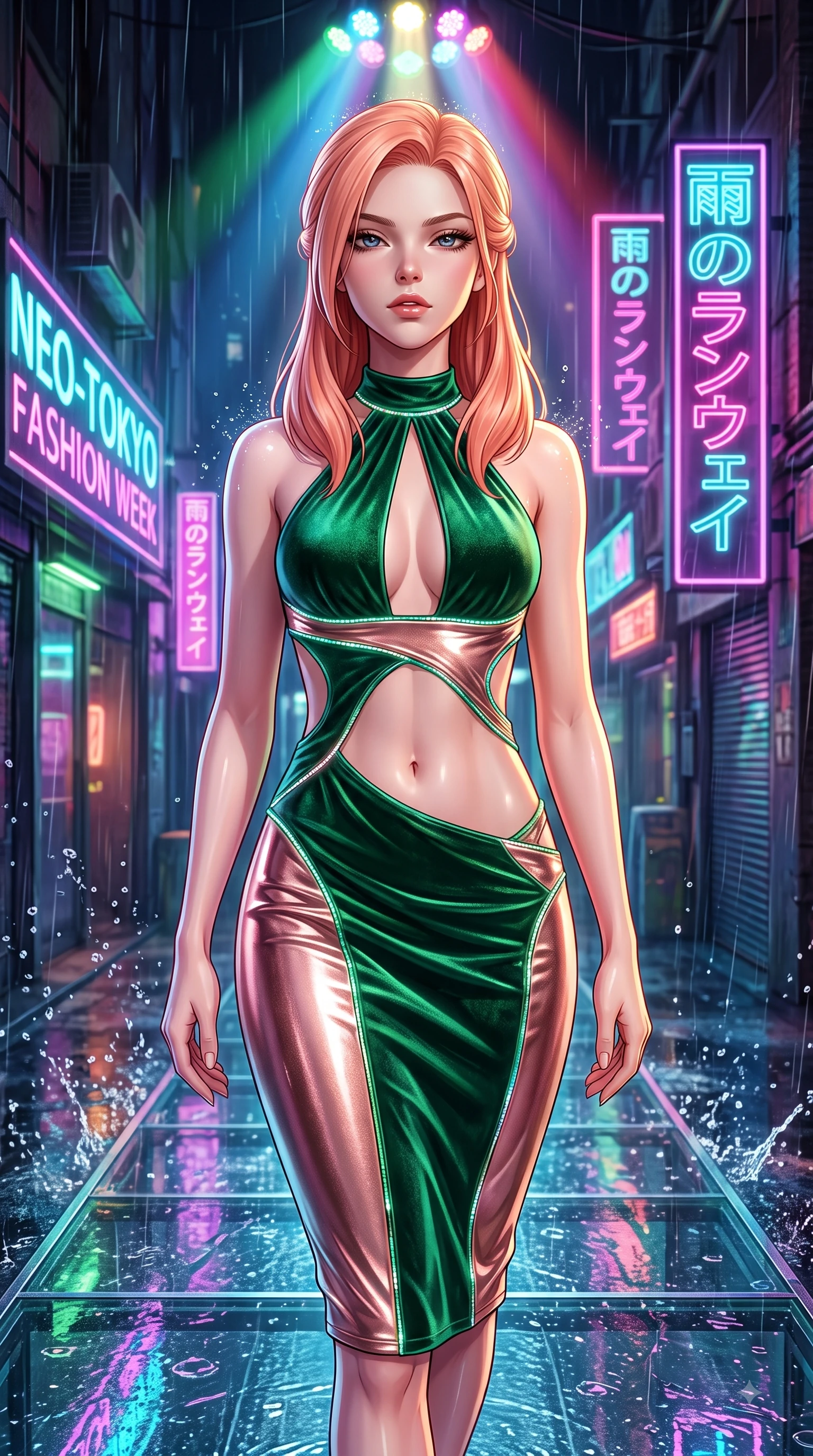 score_9, masterpiece, best quality, ultra-detailed, high-budget anime keyframe, semi-realistic 3D game render, editorial fashion photography, tasteful artistic composition, Japanese woman. close-up cowboy shot from the waist and thighs up, the character dominates the composition, filling the frame with her large presence. casting a slow, smoldering gaze beneath heavy lashes with parted glossy lips, her head slightly tilted in captivating self-assurance while striding commanding down a glossy wet glass runway in a rain-drenched cyberpunk alley. The surrounding environment is rendered in vivid detail and crisp panoramic clarity. crisp rain droplet splashes, sharp neon sign typography, and wet reflective glass runway textures in deep focus. She has an exceptionally elegant, slender, and willowy female figure with an ultra-slim waist, a gracefully sculpted slender torso, and a refined silhouette. sharp v-shaped jawline, high-bridge nose, intricate jewel-like eyes with depth, thick eyelashes, glossy lips with a natural sheen, flawlessly proportioned anatomical accuracy, natural body alignment, perfectly sculpted elegant limbs, clean dynamic posture without body distortion. wearing a velvet halter-neck midi dress fitting her statuesque contour flawlessly with a Tasteful chest slit and open spine in emerald green and metallic rose gold trim, made of liquid metal jersey that clings flawlessly to every contour of her build, accented with glowing fiber-optic seams tracing her collarbones and hip curves, the daring cutouts accentuating her delicate midriff, graceful collarbones, and feminine contour. bathed in multi-colored neon reflections from wet surfaces and sharp overhead spotlights. highly saturated vibrant anime colors, detailed shading with soft gradients, rich glossy textures, high-contrast stereoscopic depth, volumetric dynamic lighting, master piece, 9:16 ratio