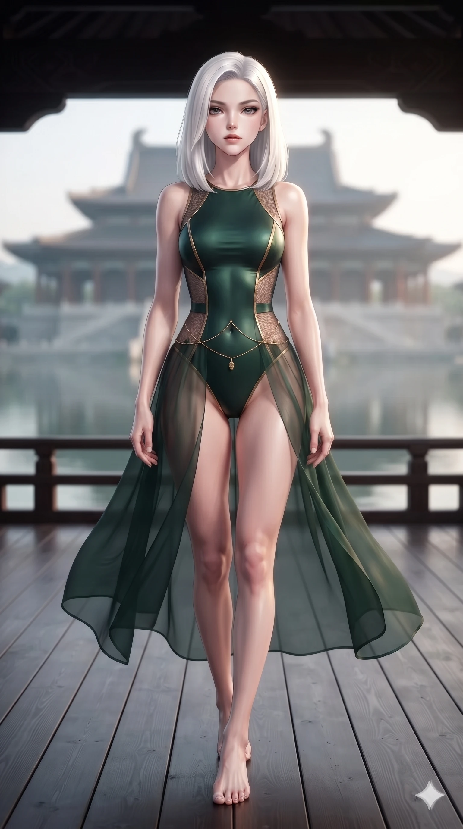 score_9, masterpiece, best quality, ultra-detailed, high-budget anime keyframe, editorial fashion photography, tasteful artistic composition, Korean woman. low angle full-body shot from head to toe showing her feet, filling the entire 9:16 vertical frame with her statuesque presence, stretching her vertical silhouette. stepping forward in a confident stride, her long slender legs and curvaceous hips creating a dynamic, sweeping vertical line while walking slowly down the grand wooden pavilion deck with regal dark elegance, hips swaying in an alluring supermodel rhythm. The background shows a soft-focus monumental royal banquet pavilion softened in panoramic lake shallow focus. She has an absolutely perfect, statuesque 8.5-heads proportion, an exceptionally tall and slender model-like female figure with impossibly long slender legs, an ultra-slim waist, a flat toned midriff, narrow delicate ribcage, and beautifully sculpted feminine hips creating a graceful, slim hourglass silhouette without any bulky heaviness. sharp v-shaped jawline, high-bridge nose, sparkling eyes with hypnotic seductive depth, thick curled eyelashes, glossy parted lips with a natural dewy peach sheen, alluring bedroom-eyes with an enchanting coquettish smile, exuding magnetic siren charisma and sophisticated glamour, flawlessly proportioned anatomical accuracy, strict slender model proportions, natural body alignment, perfectly sculpted long slender limbs, ultra-slim waistline, clean dynamic posture without body distortion. wearing a provocative sheer nobang organza wrap overskirt layered over a form-fitting silk leotard with bare hip flanks in dark emerald forest and brushed antique gold, featuring strategic sheer-illusion micro-mesh cutouts along her ribcage and hip flanks, finished with a dainty gold belly chain resting across her flat midriff and curving hips, the bespoke structured tailoring following the natural line of her 8.5-heads silhouette with refined elegance. bathed in brilliant 4000K moonbeams sweeping across open palace waters. ultra-reflective glossy finish, specular highlights, rich textural contrasts, high-contrast stereoscopic depth, volumetric dynamic lighting, 2k, ultra detail, master piece, 9:16 ratio