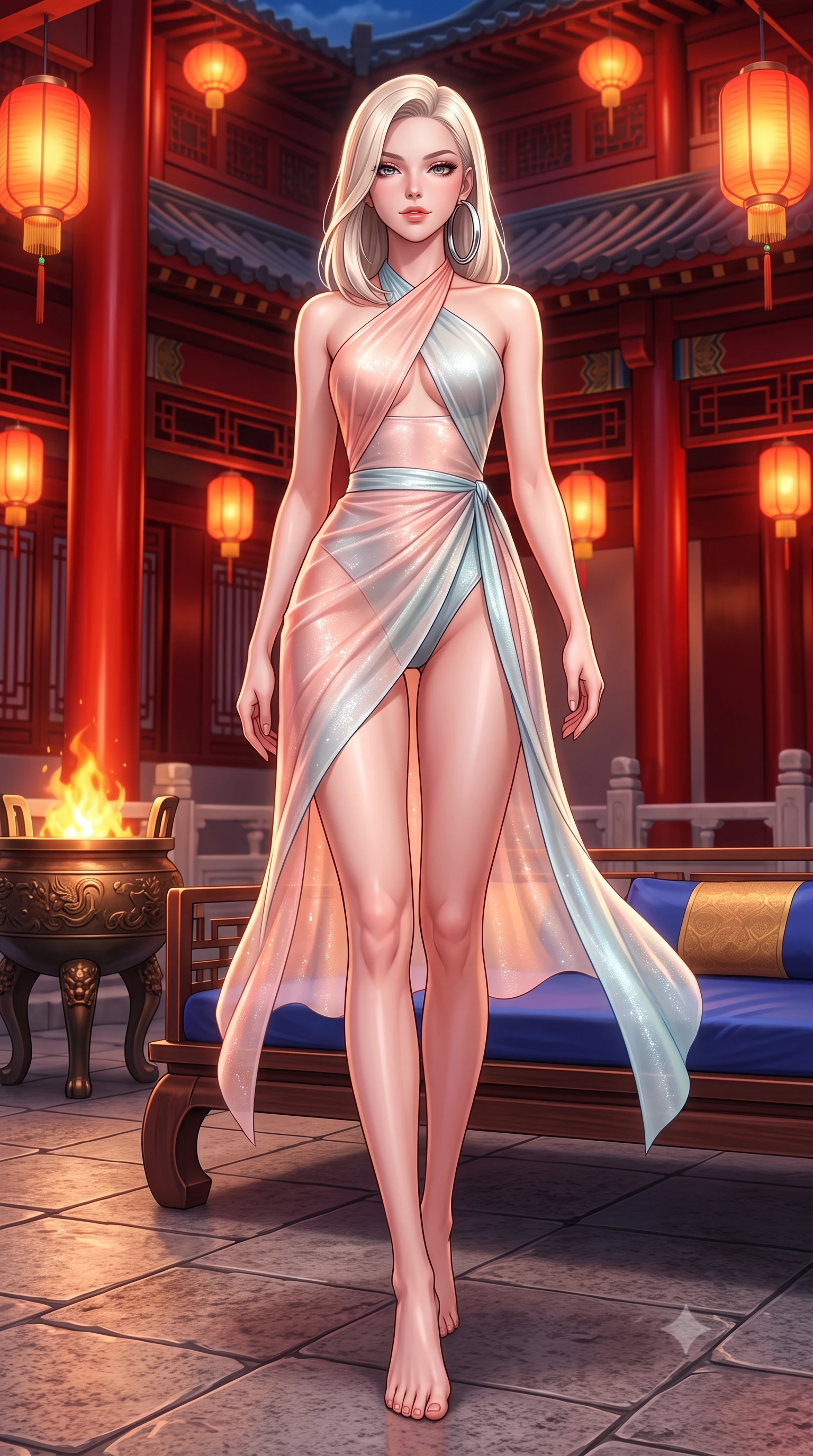 score_9, masterpiece, best quality, ultra-detailed, high-budget anime keyframe, semi-realistic 3D game render, editorial fashion photography, tasteful artistic composition, Caucasian woman. low angle full-body shot from head to toe showing her feet, filling the entire 9:16 vertical frame with her statuesque presence, stretching her vertical silhouette. stepping slowly toward the camera with hypnotic grace, hips swaying in an alluring sensual rhythm that accentuates her curvy hourglass silhouette and long slender legs while lounging across a low royal daybed placed on the terrace, her flat midriff and long slender limbs commanding the festive courtyard. The surrounding environment is rendered in vivid detail and crisp panoramic clarity: sharp vermilion pillar lacquer reflections, stone flagstone seams, and bronze brazier relief in deep focus. She has an absolutely perfect, statuesque 8.5-heads proportion, an exceptionally tall and slender model-like female figure with impossibly long slender legs, an ultra-slim waist, a flat toned midriff, narrow delicate ribcage, and beautifully sculpted feminine hips creating a graceful, slim hourglass silhouette without any bulky heaviness. sharp v-shaped jawline, high-bridge nose, sparkling eyes with hypnotic seductive depth, thick curled eyelashes, glossy parted lips with a natural dewy peach sheen, alluring bedroom-eyes with an enchanting coquettish smile, exuding magnetic siren charisma and sophisticated glamour, flawlessly proportioned anatomical accuracy, strict slender model proportions, natural body alignment, perfectly sculpted long slender limbs, ultra-slim waistline, clean dynamic posture without body distortion. wearing a liquid-tight backless silk halter leotard styled with a sheer wrap overskirt revealing her long slender legs and hip curve in pastel peach blossom and celadon porcelain blue, woven from stretch metallic lurex jersey casting radiant starlight glints across her silhouette, accented with oversized polished chrome hoop earrings catching the ambient neon glow, the liquid-tight tailored fabric clinging flawlessly to her narrow waist and rounded feminine hips, emphasizing every millimeter of her sculpted slim hourglass curves without any bulky heaviness. bathed in the warm crimson-and-amber glow of ceremonial palace lanterns. highly saturated vibrant anime colors, detailed shading with soft gradients, rich glossy textures, high-contrast stereoscopic depth, volumetric dynamic lighting, master piece, 9:16 ratio