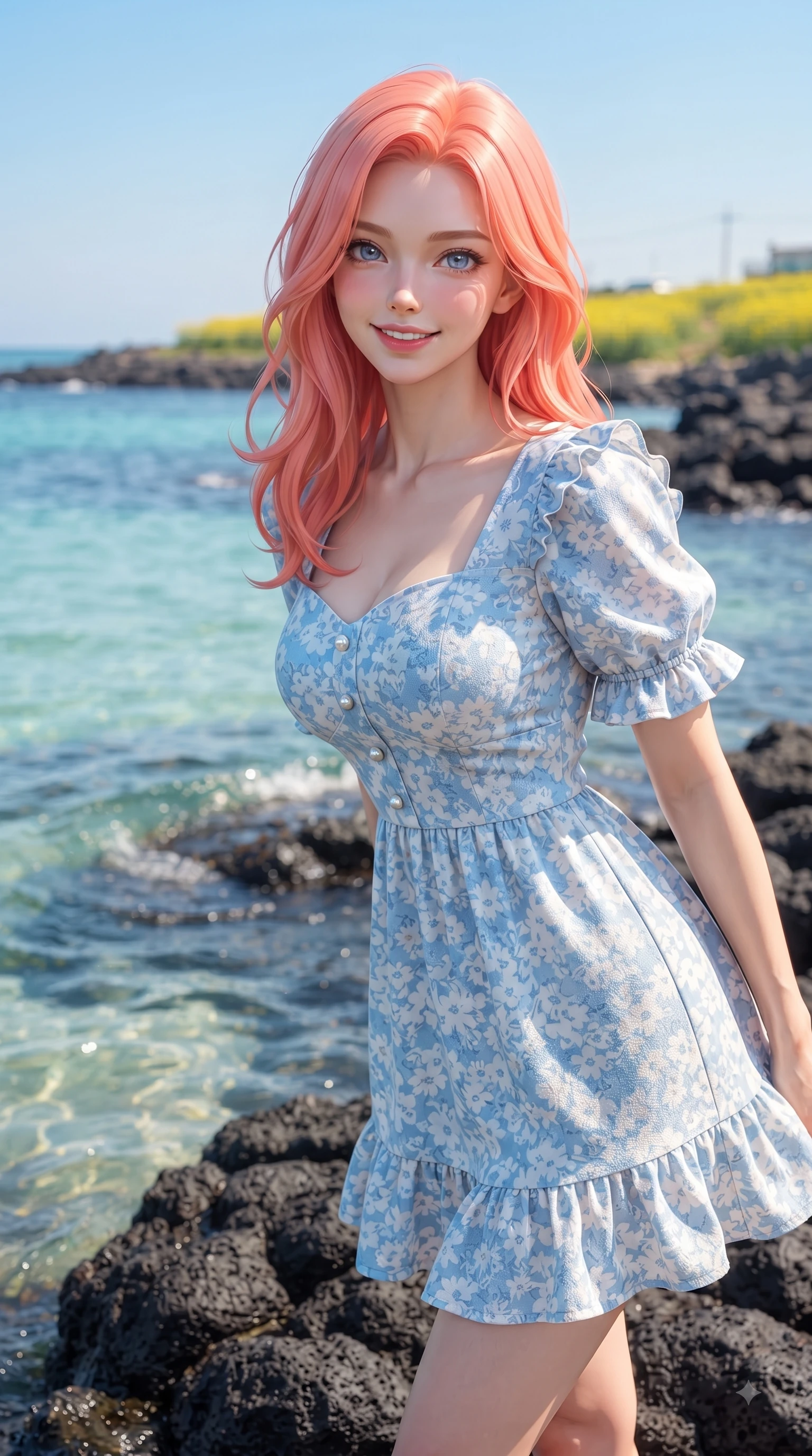 score_9, masterpiece, best quality, ultra-detailed, high-budget anime keyframe, editorial fashion photography, tasteful artistic composition, Japanese woman. close-up cowboy shot from the waist and thighs up, the character dominates the composition, filling the frame with her large presence. Youthful bright smile exuding pure cute charm and fresh energy, her torso turning dynamically into the lens while pivoting dynamically on dark volcanic basalt rocks as clear turquoise ocean waves lap near the shoreline. The composition keeps background elements in soft focus with dreamy bokeh. yellow canola fields and clear coastal blue skies softened with a gentle dreamy background blur. She has an exceptionally elegant, slender, and willowy female figure with an ultra-slim waist, a gracefully sculpted slender torso, and a refined silhouette. sharp v-shaped jawline, high-bridge nose, intricate jewel-like eyes with depth, thick eyelashes, glossy lips with a natural sheen, flawlessly proportioned anatomical accuracy, natural body alignment, perfectly sculpted elegant limbs, clean dynamic posture without body distortion. wearing a bright floral print ruffle sundress with a gentle sweetheart neckline in baby blue and cloud white, made of comfortable premium stretch denim and soft jersey, finished with subtle ruffle trims and delicate pearl buttons, the tailored casual silhouette highlighting her fresh and youthful presence. bathed in brilliant tropical sunshine and glittering ocean water refractions. ultra-reflective glossy finish, specular highlights, metallic sheen, high-contrast stereoscopic depth, volumetric dynamic lighting, 2k, ultra detail, master piece, 9:16 ratio