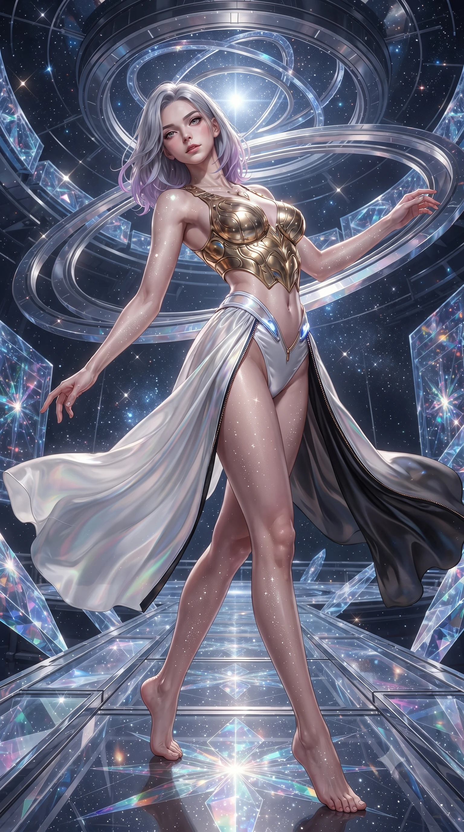 score_9, masterpiece, best quality, ultra-detailed, high-budget anime keyframe, editorial fashion photography, tasteful artistic composition, Caucasian woman. low angle full-body shot from head to toe showing her feet, filling the entire 9:16 vertical frame with her statuesque presence, stretching her vertical silhouette. pivoting dynamically in mid-motion with a breathtakingly alluring posture, displaying her flawless model proportions and ultra-slim waist while arching her spine in a fluid zero-gravity turn as cosmic stardust and diamond reflections outline her sculpted torso. The surrounding environment is rendered in vivid detail and crisp panoramic clarity. intricate cosmic observatory rings, starlight refraction patterns, and crystalline walkways in high clarity. She has an absolutely perfect, statuesque 8.5-heads proportion, an exceptionally tall and slender model-like female figure with impossibly long slender legs, a toned flat midriff, and an ultra-slim waist. sharp v-shaped jawline, high-bridge nose, intricate jewel-like eyes with depth, thick eyelashes, glossy lips with a natural sheen, flawlessly proportioned anatomical accuracy, strict slender model proportions, natural body alignment, perfectly sculpted long slender limbs, ultra-slim waistline, clean dynamic posture without body distortion. wearing a sculpted golden breastplate bodice paired with high-cut white satin briefs and a fluid draped side skirt in high-gloss monochrome white and sharp black contrast, made of smooth iridescent silk chiffon that shifts colors with movement, featuring a dangerously unzipped neckline framed by glowing cybernetic accents, the liquid-tight tailored fabric emphasizing every curve of her tall, slender model proportions and sculptured silhouette during dynamic movement. illuminated by crisp diamond-specular highlights tracing her sculpted collarbones, waist, and slender limbs. ultra-reflective glossy finish, specular highlights, metallic sheen, high-contrast stereoscopic depth, volumetric dynamic lighting, 2k, ultra detail, master piece, 9:16 ratio