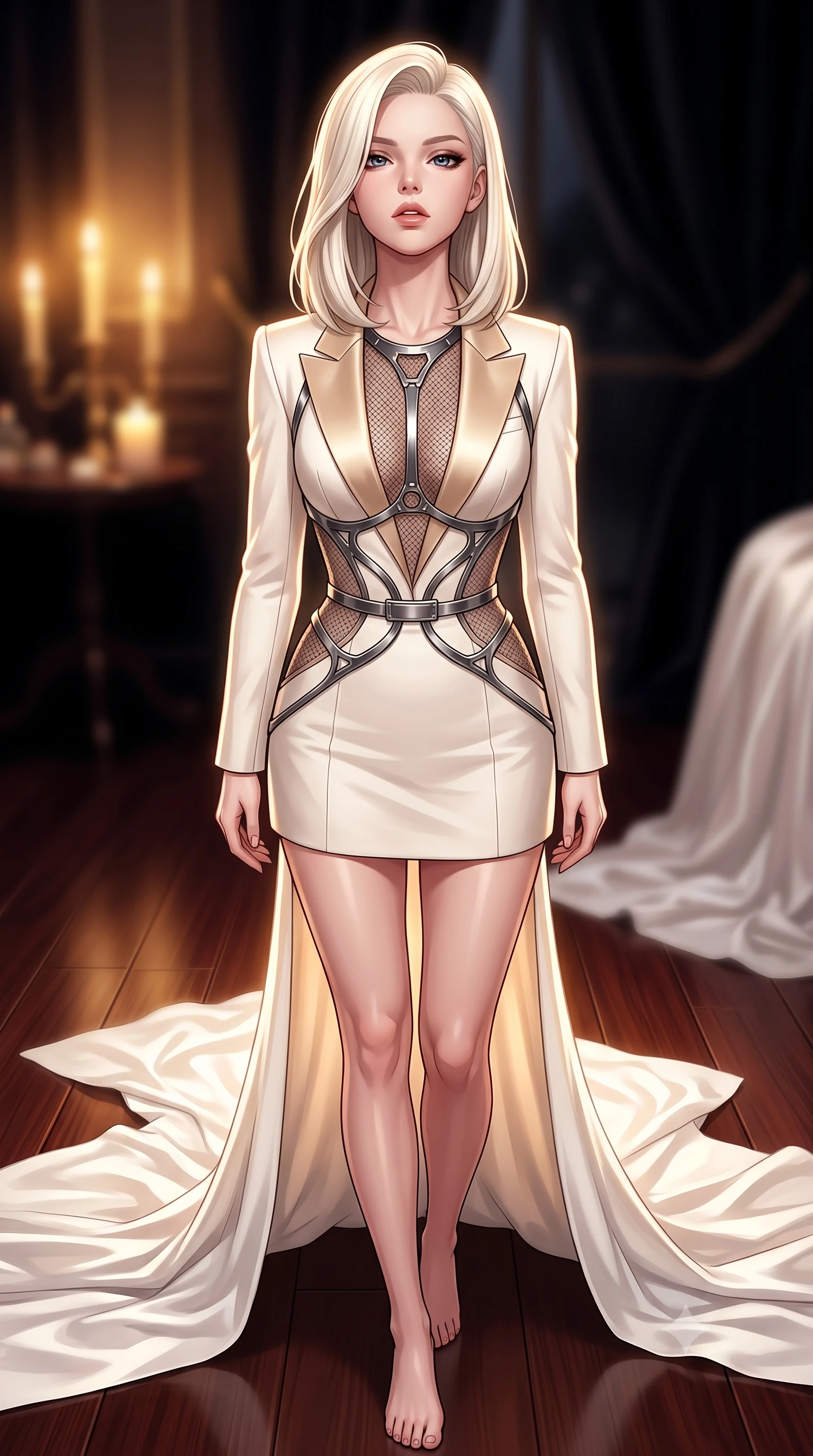 score_9, masterpiece, best quality, ultra-detailed, high-budget anime keyframe, editorial fashion photography, tasteful artistic composition, Caucasian woman. close-up cowboy shot from the waist and thighs up, the character dominates the composition, filling the frame with her large presence, background elements kept in soft focus. Tilting her chin up slightly with lips parted in a composed, magnetic expression, poised on a polished mahogany floor surrounded by trailing white silk sheets, intimate luxury aesthetic with refined editorial framing. She has an exceptionally elegant, slender, and willowy female figure with an ultra-slim waist, a gracefully sculpted slender torso, and a refined silhouette. sharp v-shaped jawline, high-bridge nose, intricate jewel-like eyes with depth, thick eyelashes, glossy lips with a natural sheen. wearing tailored ivory tux dress with satin lapels and fitted waist in champagne gold, made of fine dark contouring mesh, highlighted by a gunmetal metallic harness structure, sculpting her athletic slender build with refined precision. illuminated by warm golden candle rays and high-contrast dark velvet shadows. highly saturated vibrant anime colors, detailed shading with soft gradients, rich glossy textures, high-contrast stereoscopic depth, volumetric dynamic lighting, master piece, 9:16 ratio
