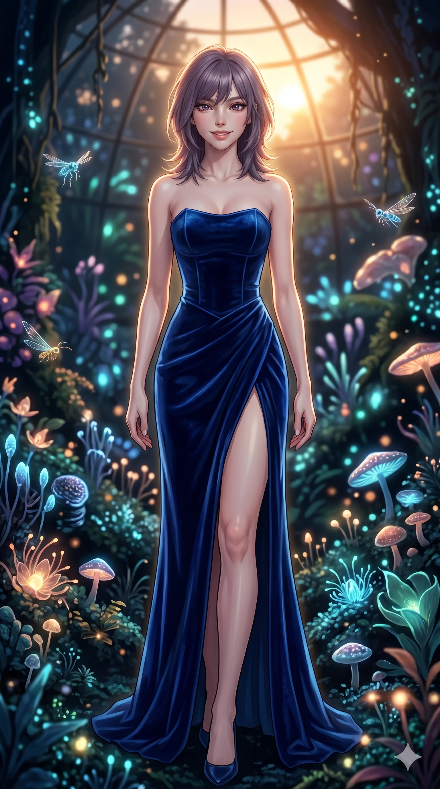 score_9, masterpiece, best quality, ultra-detailed, high-budget anime keyframe, editorial fashion photography, tasteful artistic composition, Japanese woman. cowboy shot from the thighs up, character and outfit filling the frame for maximum editorial presence. Smiling with quiet, magnetic self-assurance directly into the camera within a prismatic rain-forest dome where bioluminescent plants pulse softly in the dark. She has an absolutely perfect 8-heads proportion, an exceptionally tall and slender female figure with impossibly long slender legs and an ultra-slim waist. V-shaped jawline, high-bridge nose, intricate jewel-like eyes with depth, thick eyelashes, glossy lips with a natural sheen. wearing a deep sapphire velvet floor-length gown with a fitted structured strapless bodice and a bold front slit ascending to mid-thigh, revealing one long elegant leg with every graceful stride. under warm golden hour backlighting creating a luminous radiant halo around her silhouette. 2k, ultra detail, master piece, 9:16 ratio
