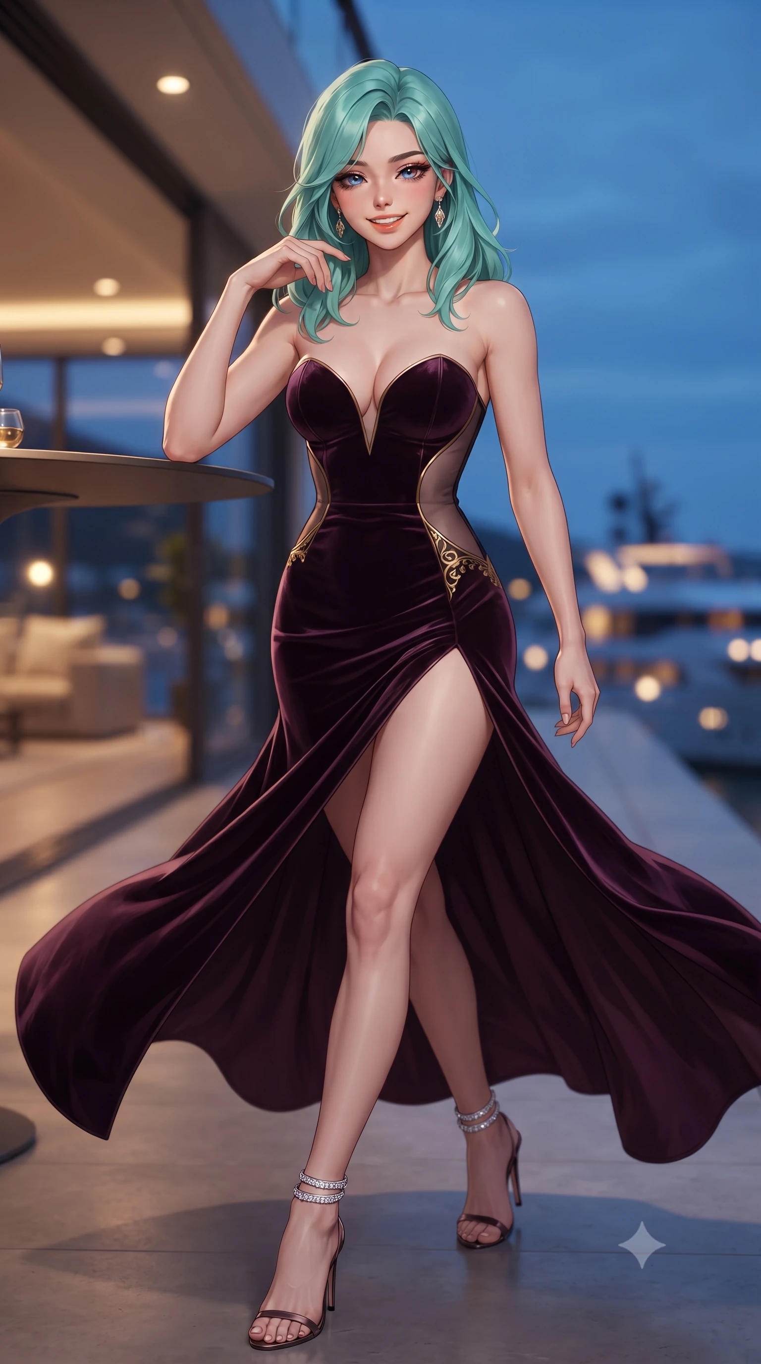 score_9, masterpiece, best quality, ultra-detailed, high-budget anime keyframe, editorial fashion photography, tasteful artistic composition, Japanese woman. close-up cowboy shot from the waist and thighs up, the character dominates the composition, filling the frame with her large presence. resting one elbow on the table and supporting her chin, leaning close to the camera with heavy-lidded sparkling eyes and parted lips while walking along the cantilevered penthouse terrace with confident model strides, her high-slit gown billowing around her long slender legs. The background shows a soft-focus interior penthouse ambient glows softened in ultra-exclusive tax-haven luxury shallow focus. She has an exceptionally elegant, slender, and willowy female figure with an ultra-slim waist, flat toned midriff, narrow ribcage, and sculpted feminine hips creating an alluring, slim hourglass silhouette without bulk. sharp v-shaped jawline, high-bridge nose, intricate jewel-like sparkling eyes with depth, thick eyelashes, glossy parted lips with a natural peach sheen, bright cheerful beaming smile with an enchanting and coquettish sensual glint, exuding both youthful cute charm and seductive allure, flawlessly proportioned anatomical accuracy, strict slender model proportions, natural body alignment, perfectly sculpted long slender limbs, ultra-slim waistline, clean dynamic posture without body distortion. wearing a deep sweetheart-neckline velvet bodycon mini dress with sheer side-torso cutouts accentuating her hourglass curves in opulent dark velvet plum and gilded filigree, woven from buttery-soft stretch lambskin leather adhering to her body like a second skin, complemented by strappy stiletto sandals with crystal ankle wraps accentuating her slender calves, the glove-like clinging cut tightly following the natural contour of her hips and long slender legs with youthful 8.5-heads elegance. bathed in the dynamic blue-hour sky ambient contrasted with golden harbor lights and yacht deck illumination. ultra-reflective glossy finish, specular highlights, rich textural contrasts, high-contrast stereoscopic depth, volumetric dynamic lighting, 2k, ultra detail, master piece, 9:16 ratio
