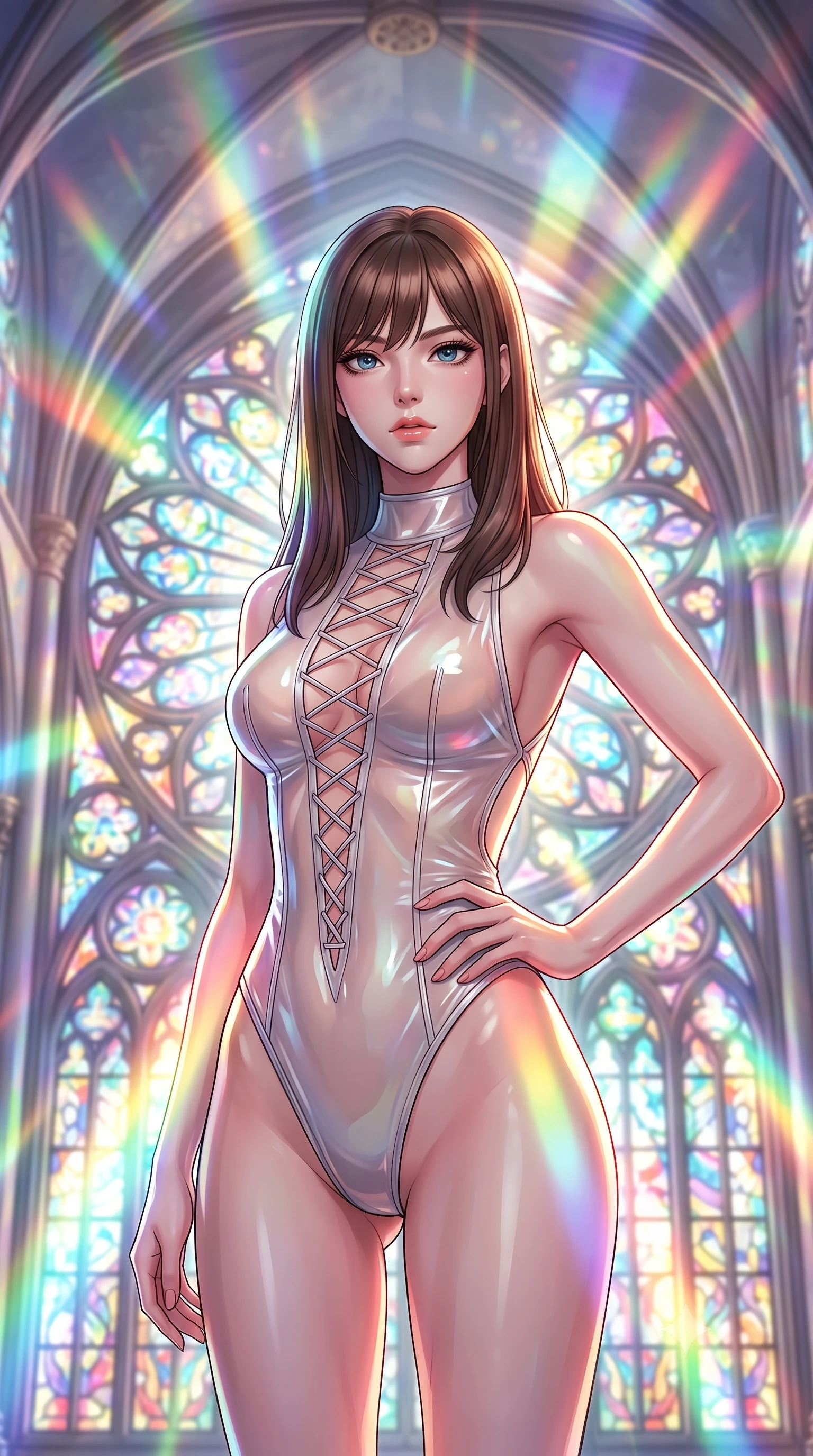 score_9, masterpiece, best quality, ultra-detailed, high-budget anime keyframe, editorial fashion photography, tasteful artistic composition, Korean woman. close-up cowboy shot from the waist and thighs up, the character dominates the composition, filling the frame with her large presence, background elements kept in soft focus. Holding a confident power pose with one hand on her hip, gazing directly into the camera with quiet intensity standing before a monumental Art Nouveau stained glass rose window, majestic vaulted ceilings rising high into a luminous atmosphere. She has an exceptionally elegant, slender, and willowy female figure with an ultra-slim waist, a gracefully sculpted slender torso, and a refined silhouette. sharp v-shaped jawline, high-bridge nose, intricate jewel-like eyes with depth, thick eyelashes, glossy lips with a natural sheen. wearing a high-cut translucent vinyl leotard with strategic lace-up front paneling and open back, the sleek second-skin texture accentuating her magnetic presence. bathed in cascading rainbow prismatic light refracting through stained glass. highly saturated vibrant anime colors, detailed shading with soft gradients, rich glossy textures, high-contrast stereoscopic depth, volumetric dynamic lighting, master piece, 9:16 ratio