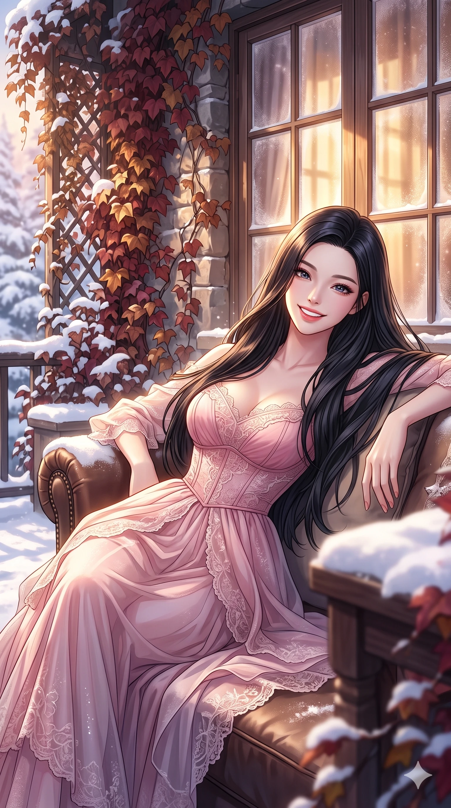 score_9, masterpiece, best quality, ultra-detailed, high-budget anime keyframe, vibrant anime aesthetic, Korean woman. cowboy shot from the thighs up, character and outfit filling the frame for maximum presence. She is leaning back against a sofa with a bright, radiant winter smile on her face in snow by a private villa terrace filled with autumn ivy (Code-P21-181). She has an absolutely perfect 8-heads proportion, an exceptionally tall and slender female figure with impossibly long slender legs and an ultra-slim waist. V-shaped jawline, high-bridge nose, intricate jewel-like eyes with depth, thick eyelashes, glossy lips with a natural sheen. wearing a delicate chiffon dress with a pink structured bodice in winter. She is bathed in warm, golden sunbeams reflecting off the cabin window panes. 2k, ultra detail, master piece, 9:16 ratio