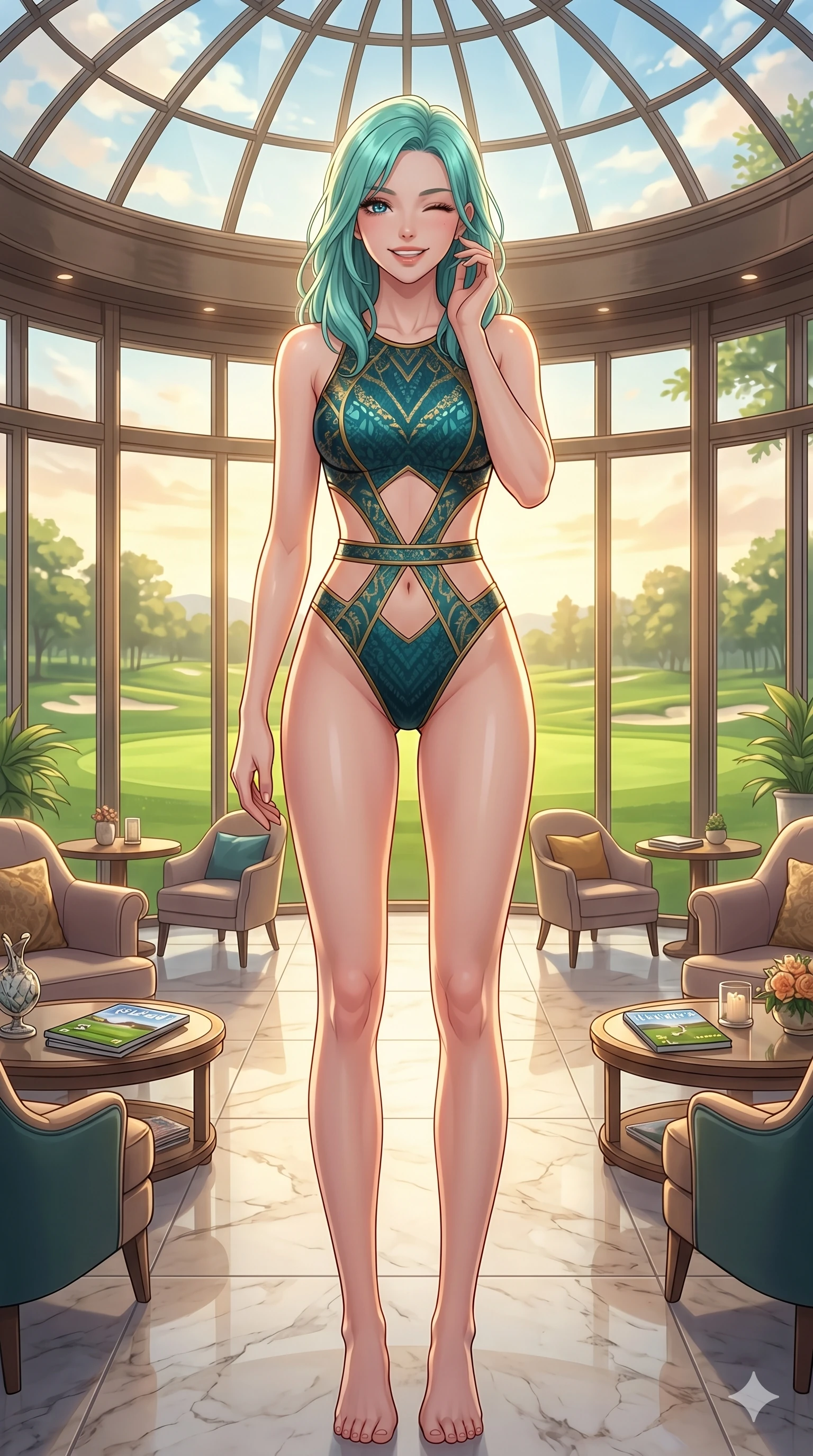 score_9, masterpiece, best quality, ultra-detailed, high-budget anime keyframe, vibrant anime aesthetic, Japanese woman. cowboy shot from the thighs up, character and outfit filling the frame for maximum presence. She is standing in the sun, winking and smiling delightfully at the camera inside a golf clubhouse lounge facing green lawns (Code-P20-119). She has an absolutely perfect 8-heads proportion, an exceptionally tall and slender female figure with impossibly long slender legs and an ultra-slim waist. V-shaped jawline, high-bridge nose, intricate jewel-like eyes with depth, thick eyelashes, glossy lips with a natural sheen. wearing a sleek swimsuit with high-cut leg lines and exposed waist. She is warm glowing resort light filtering through the glass dome, outlining her features. 2k, ultra detail, master piece, 9:16 ratio