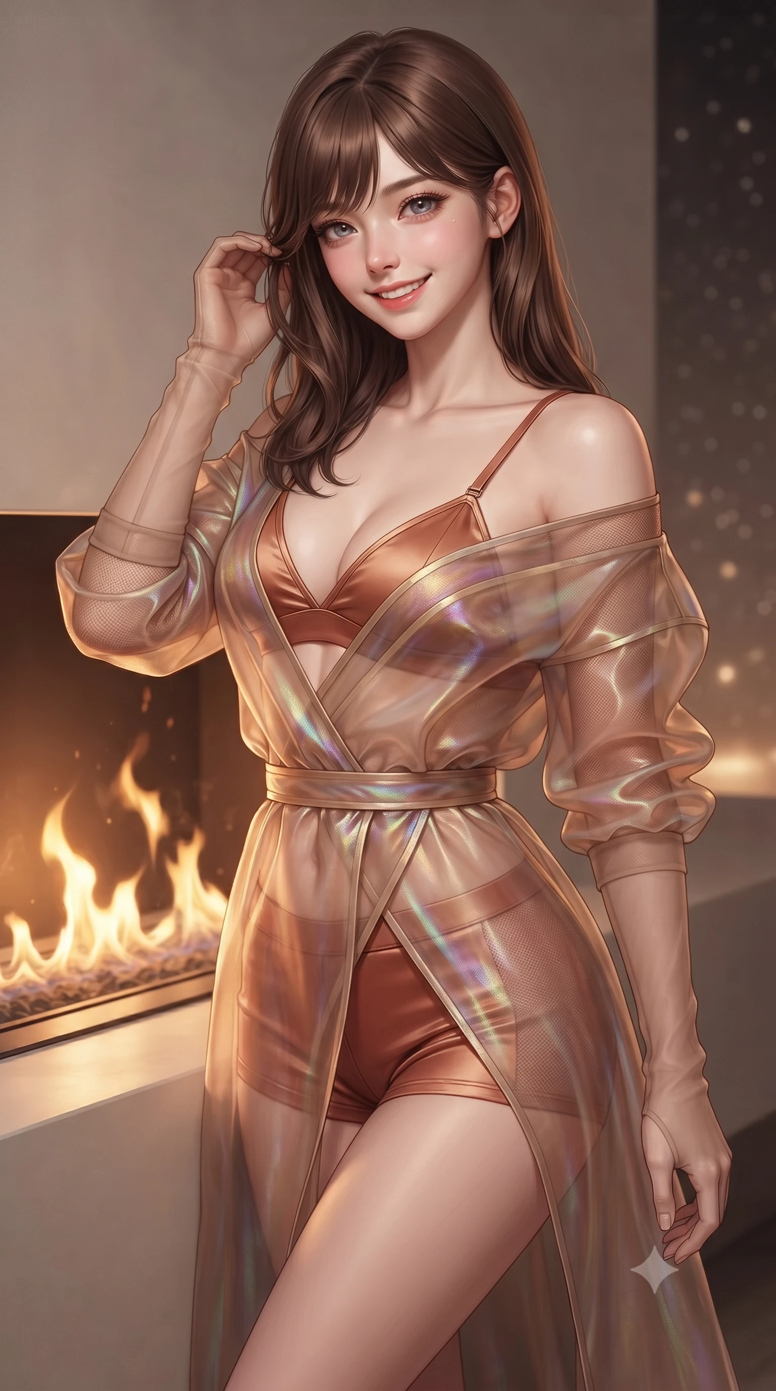 score_9, masterpiece, best quality, ultra-detailed, high-budget anime keyframe, editorial fashion photography, tasteful artistic composition, Korean woman. close-up cowboy shot from the waist and thighs up, the character dominates the composition, filling the frame with her large presence. gently brushing a lock of hair behind her ear while casting a playful, flirtatious side-gaze with long eyelashes while twisting her slender torso in an alluring contrapposto stance beside the minimalist fireplace niche, warm golden plasma flames dancing across her narrow waist and curvy hips. The background shows a soft-focus ambient starlight particulate glow softened in orbital officer sanctuary shallow focus. She has an exceptionally elegant, slender, and willowy female figure with an ultra-slim waist, flat toned midriff, narrow ribcage, and sculpted feminine hips creating an alluring, slim hourglass silhouette without bulk. sharp v-shaped jawline, high-bridge nose, intricate jewel-like sparkling eyes with depth, thick eyelashes, glossy parted lips with a natural peach sheen, bright cheerful beaming smile with an enchanting and coquettish sensual glint, exuding both youthful cute charm and seductive allure, flawlessly proportioned anatomical accuracy, strict slender model proportions, natural body alignment, perfectly sculpted long slender limbs, ultra-slim waistline, clean dynamic posture without body distortion. wearing a translucent iridescent organza tactical robe slipping off bare shoulders over a matching satin micro-bralette and combat shorts in Martian desert terracotta and dust-storm gold, woven from fine semi-opaque stretch illusion mesh tracing her slender contours, complemented by sheer opera-length evening gloves tracing her slender arms, the high-slit wrap tailoring accentuating her ultra-slim waistline and the enchanting curve of her feminine hips with alluring seductive charm. bathed in warm 2600K indirect cove lighting paired with the cool brilliant diamond sparkle of unpolluted cosmic starlight. ultra-reflective glossy finish, specular highlights, rich textural contrasts, high-contrast stereoscopic depth, volumetric dynamic lighting, 2k, ultra detail, master piece, 9:16 ratio