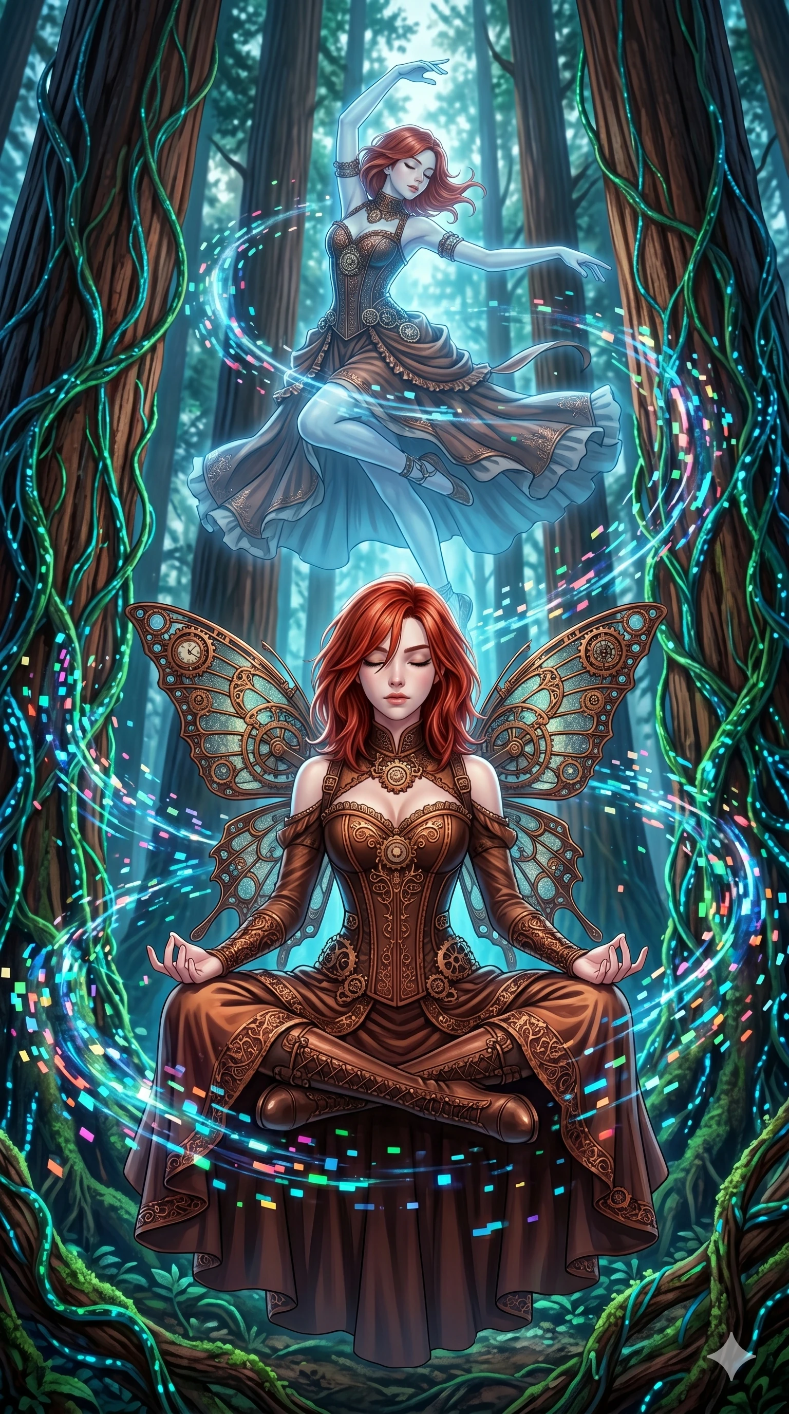 score_9, masterpiece, best quality, ultra-detailed, Set A: High-budget Anime Keyframe, Korean woman. Low angle cowboy shot filling the entire 9:16 frame with her statuesque presence. Theme: Primal Nature. meditating in a giant redwood forest with glowing vines, as her reflection in the air starts to dance independently 205. The atmosphere is filled with a blizzard of digital pixels. She has an absolutely perfect 8-heads proportion, an exceptionally tall and slender female figure with impossibly long slender legs and an ultra-slim waist. Sharp v-shaped jawline, high-bridge nose, intricate jewel-like eyes with depth, glossy lips. Wearing Steam-punk corset gown with copper gear ornaments and mechanical butterfly wings. Cinematic lighting, vivid colors, dramatic shadows, 2k, ultra detail, master piece, 9:16 ratio