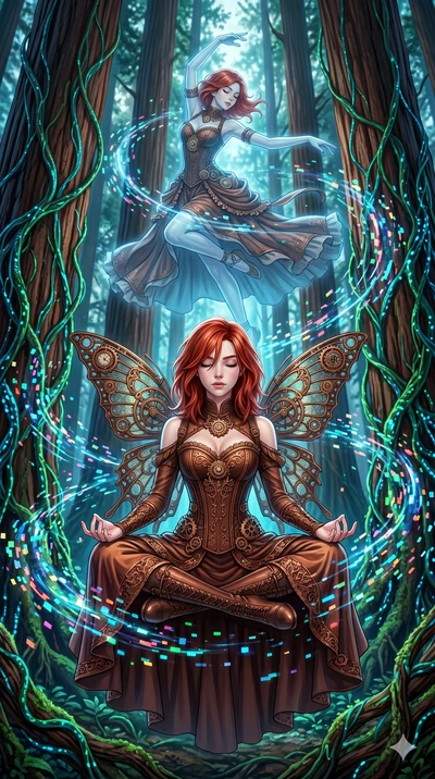 score_9, masterpiece, best quality, ultra-detailed, Set A: High-budget Anime Keyframe, Korean woman. Low angle cowboy shot filling the entire 9:16 frame with her statuesque presence. Theme: Primal Nature. meditating in a giant redwood forest with glo