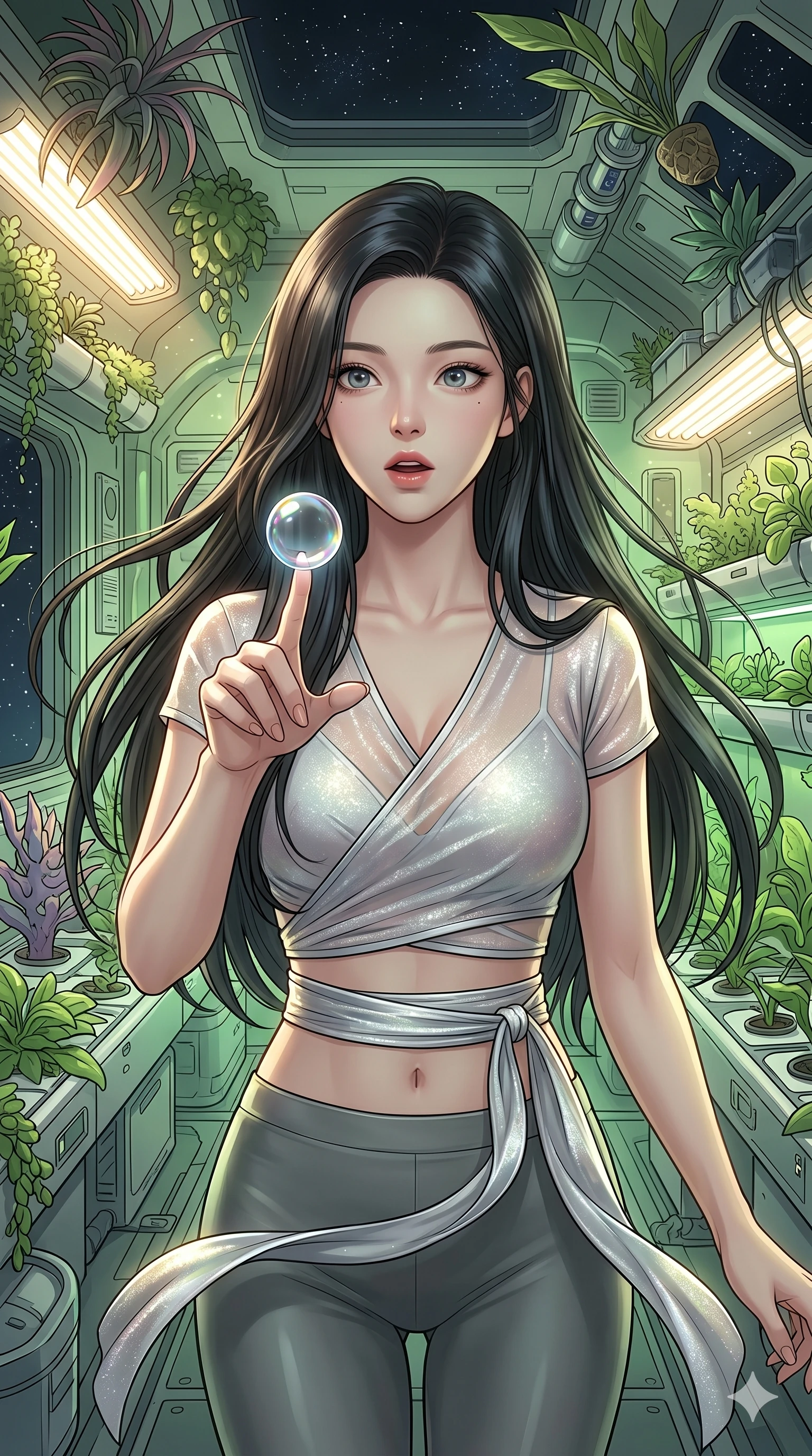 score_9, masterpiece, best quality, ultra-detailed, high-budget anime keyframe, Korean woman. Upper body close-up from the thighs up, character filling the screen for maximum presence. Inside a space station greenhouse, surrounded by floating plants, guiding a floating water droplet with her finger with a captivated expression. She is wearing a cropped cyber-fusion wrap top with delicate sheer panels and silver sash. The scene is lit by high-intensity agricultural sun lamps and soft green ambient light. 2k, ultra detail, master piece, 9:16 ratio