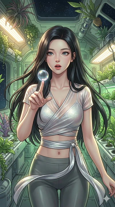 score_9, masterpiece, best quality, ultra-detailed, high-budget anime keyframe, Korean woman. Upper body close-up from the thighs up, character filling the screen for maximum presence. Inside a space station greenhouse, surrounded by floating plants,