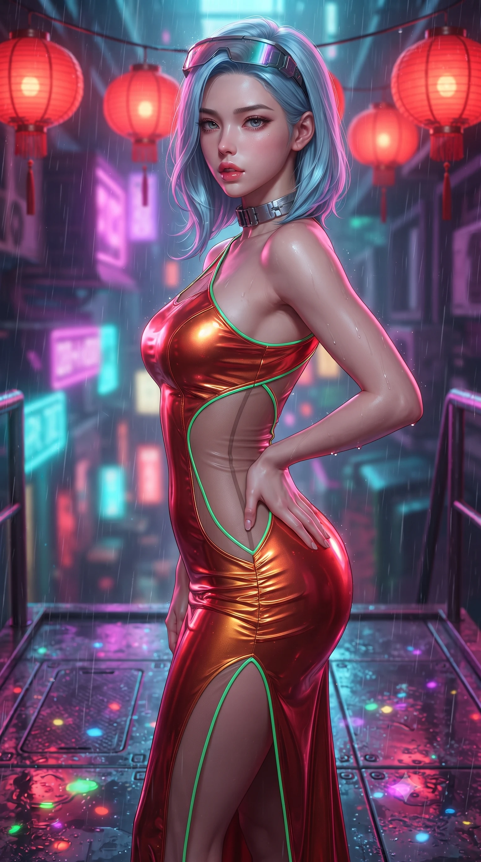 score_9, masterpiece, best quality, ultra-detailed, high-budget anime keyframe, editorial fashion photography, tasteful artistic composition, Korean woman. close-up cowboy shot from the waist and thighs up, the character dominates the composition, filling the frame with her large presence. posing in an alluring rear three-quarter angle, arching her lower back in a pronounced S-curve with one hand on her hip, glancing seductively over her bare shoulder with parted glossy lips while standing poised beneath hanging crimson paper lanterns, twisting her slender torso in an alluring S-curve while looking down at the neon-lit alley below. The composition keeps background elements in soft focus with creamy bokeh. falling raindrops and neon puddle reflections scattering vivid chromatic light motes across the deck. She has an exceptionally elegant, slender, and willowy female figure with an ultra-slim waist, a gracefully sculpted slender torso, toned flat midriff, and rounded feminine hips creating an alluring hourglass silhouette. sharp v-shaped jawline, high-bridge nose, intricate jewel-like eyes with depth, thick eyelashes, glossy parted lips with a natural sheen, intensely captivating and seductive bedroom-eyes expression, flawlessly proportioned anatomical accuracy, strict slender model proportions, natural body alignment, perfectly sculpted long slender limbs, ultra-slim waistline, clean dynamic posture without body distortion. wearing an asymmetric one-shoulder metallic qipao gown with neon green accents and hip-defining ruching in imperial vermilion red and liquid gold, made of sheer contouring power-mesh panels with anatomical curve lines, accessorized with cyber-visor sunglasses resting on her brow and chunky silver choker, the liquid-tight tailored fabric clinging flawlessly to her narrow waist and rounded feminine hips, emphasizing every millimeter of her sculpted hourglass curves during movement. bathed in vibrant magenta and electric cyan neon light contrasting with warm lantern scarlet downlights. ultra-reflective glossy finish, specular highlights, rich textural contrasts, high-contrast stereoscopic depth, volumetric dynamic lighting, 2k, ultra detail, master piece, 9:16 ratio