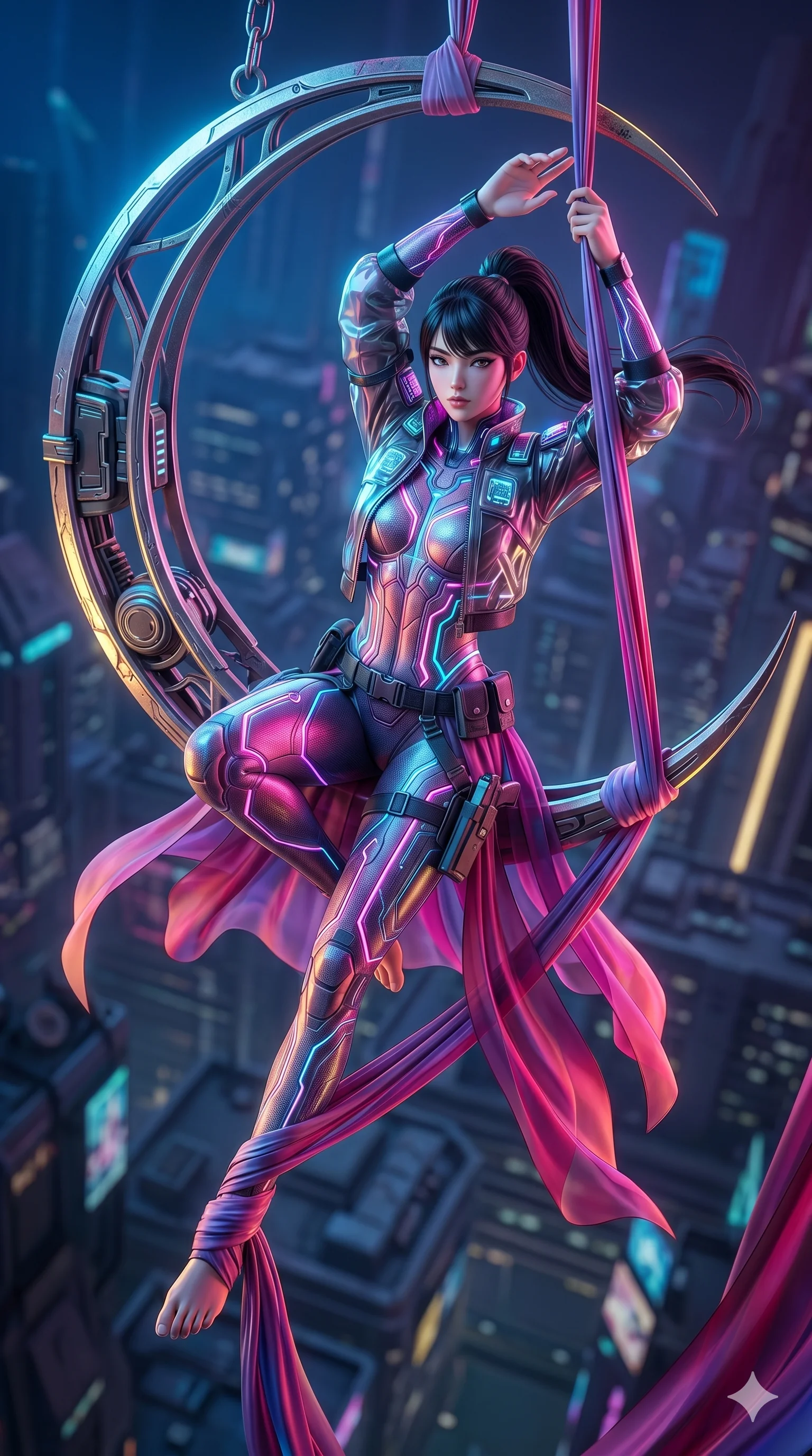 score_9, masterpiece, best quality, ultra-detailed, semi-realistic 3D game render, high-fidelity textures, Unreal Engine 5 style, Korean woman. Dynamic full-body shot stretching the vertical silhouette with extreme perspective. performing an aerial silks routine hanging from a moon crescent. She has an absolutely perfect 8-heads proportion, an exceptionally tall and slender female figure with graceful and slender proportions. strictly human anatomy, two legs only, no extra limbs, clearly defined legs and arms, perfect anatomy, perfect hands and fingers. sharp v-shaped jawline, high-bridge nose, intricate jewel-like eyes, thick eyelashes, glossy lips. Wearing Tech-Fantasy: Cybernetic tech-suit with glowing seams, translucent jacket over a bodysuit, and modular tactical gear. The scene is illuminated by dramatic atmospheric lighting and vibrant color palettes. , 2k, ultra detail, master piece, 9:16 ratio