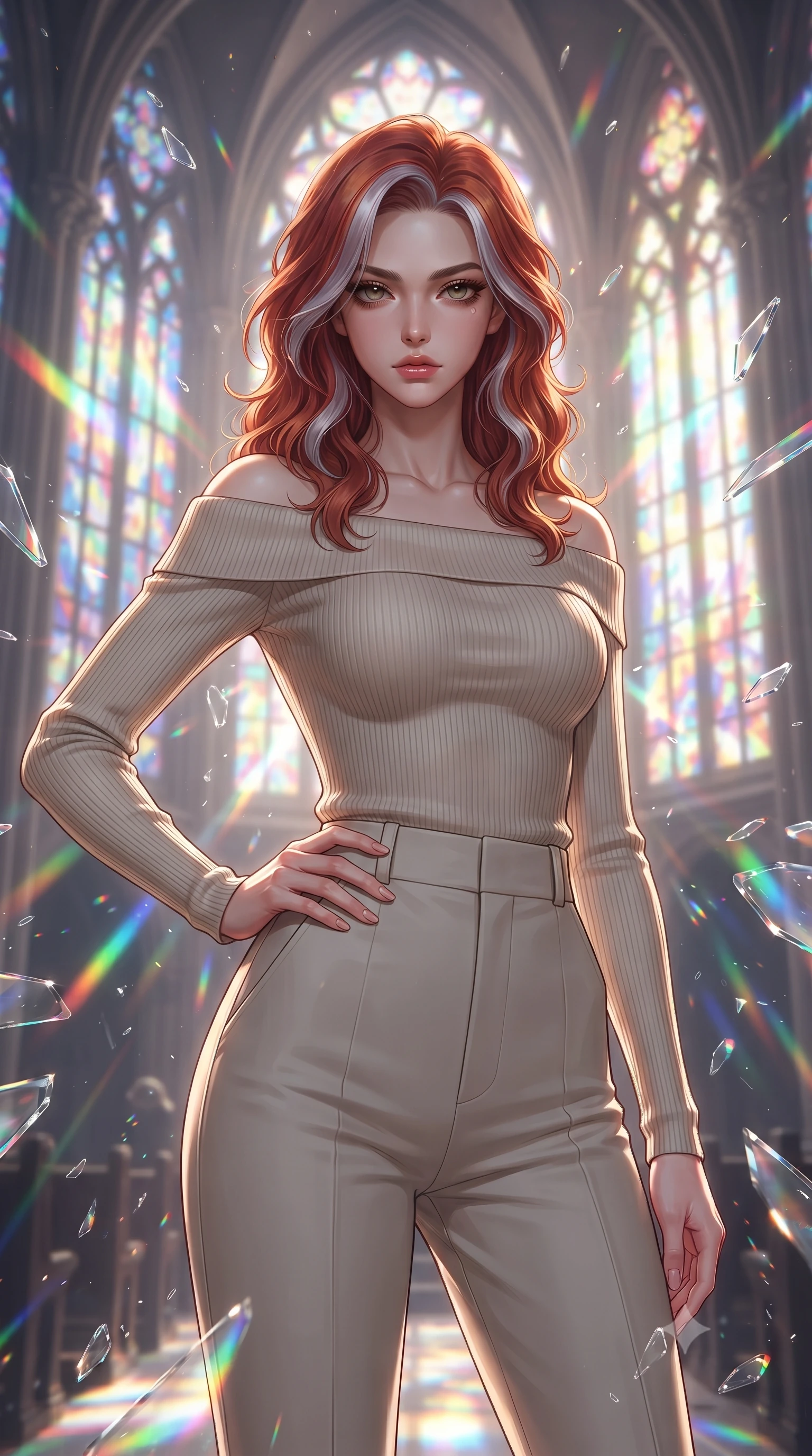 score_9, masterpiece, best quality, ultra-detailed, high-budget anime keyframe, editorial fashion photography, tasteful artistic composition, Caucasian woman. close-up cowboy shot from the waist and thighs up, the character dominates the composition, filling the frame with her large presence, background elements kept in soft focus. Holding a confident power pose with one hand on her hip, gazing directly into the camera with quiet intensity leaping through shattered liquid glass fragments in a illuminated cathedral, floating glass dust and incense smoke scattering colorful light beams. She has an exceptionally elegant, slender, and willowy female figure with an ultra-slim waist, a gracefully sculpted slender torso, and a refined silhouette. sharp v-shaped jawline, high-bridge nose, intricate jewel-like eyes with depth, thick eyelashes, glossy lips with a natural sheen. wearing a sleek off-shoulder ribbed cashmere knit top paired with high-waist tailored pants, the sleek second-skin texture accentuating her magnetic presence. bathed in cascading rainbow prismatic light refracting through stained glass. ultra-reflective glossy finish, specular highlights, metallic sheen, high-contrast stereoscopic depth, volumetric dynamic lighting, 2k, ultra detail, master piece, 9:16 ratio